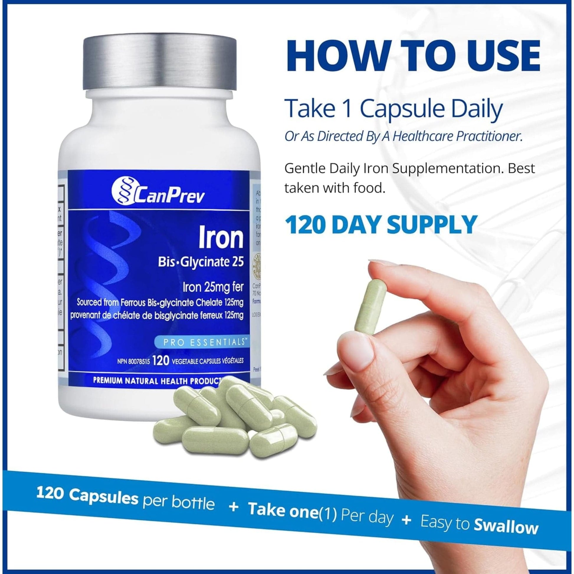 120 Vegetable Capsules | CanPrev Iron Bis-Glycinate 25mg
