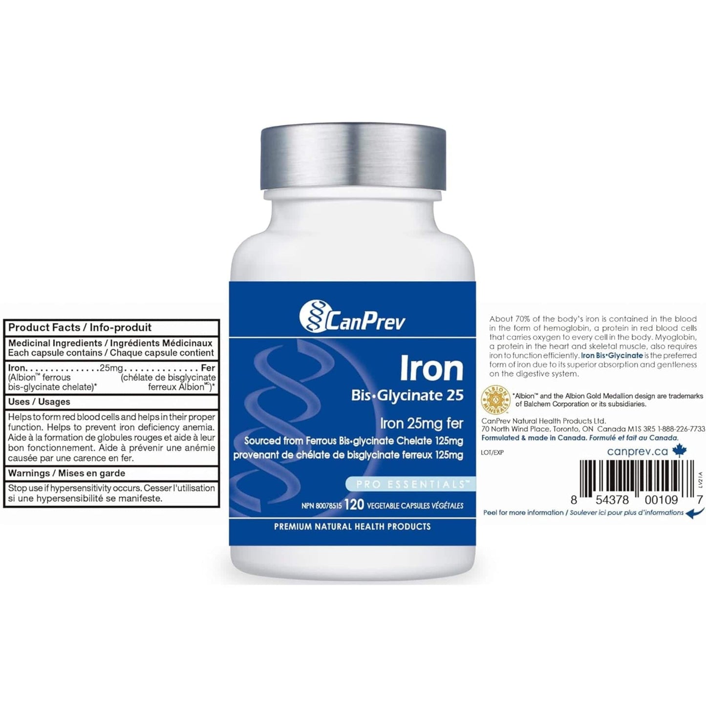 120 Vegetable Capsules | CanPrev Iron Bis-Glycinate 25mg