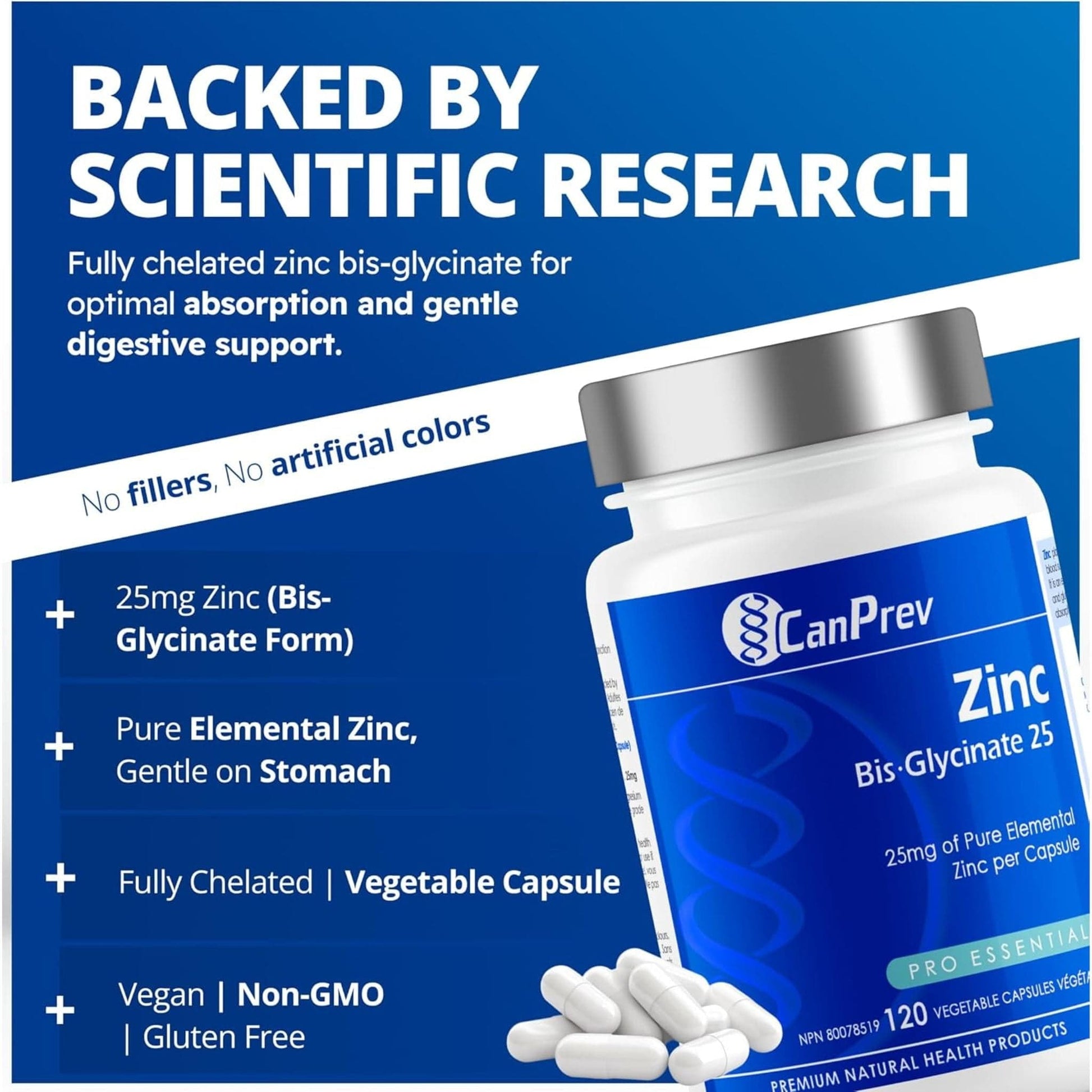 120 Vegetable Capsules | CanPrev Zinc Bisglycinate 25mg (Chelated)