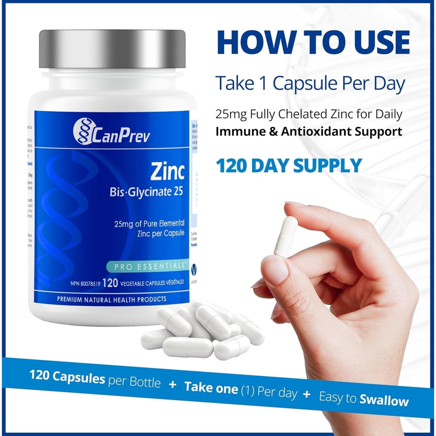 120 Vegetable Capsules | CanPrev Zinc Bisglycinate 25mg (Chelated)