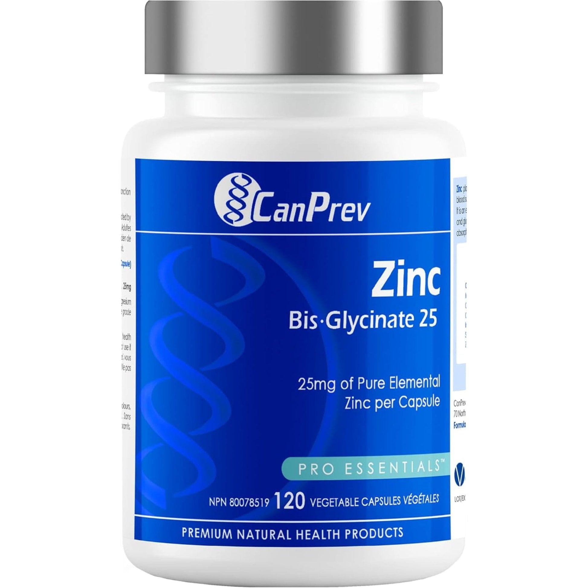120 Vegetable Capsules | CanPrev Zinc Bisglycinate 25mg (Chelated)