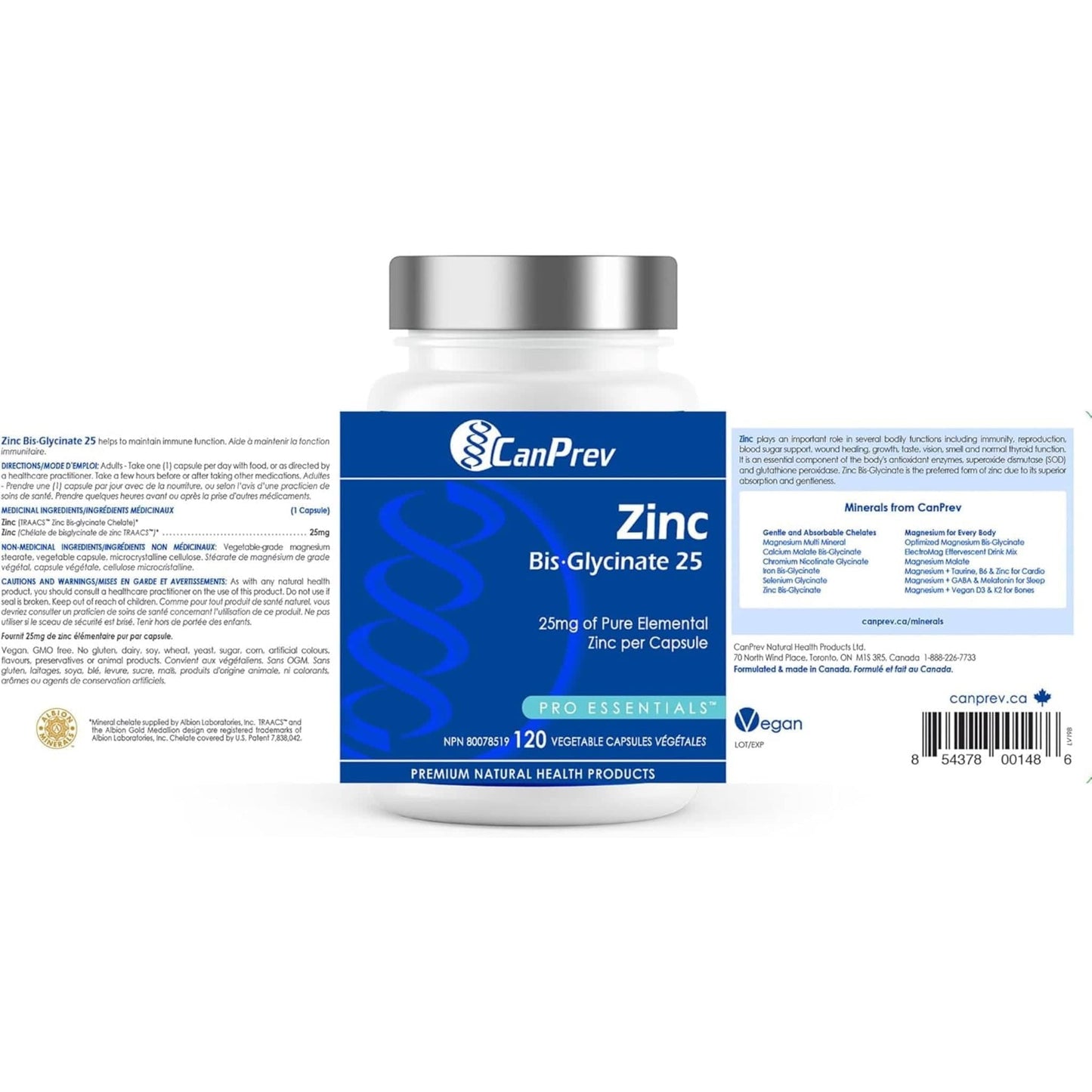 120 Vegetable Capsules | CanPrev Zinc Bisglycinate 25mg (Chelated)