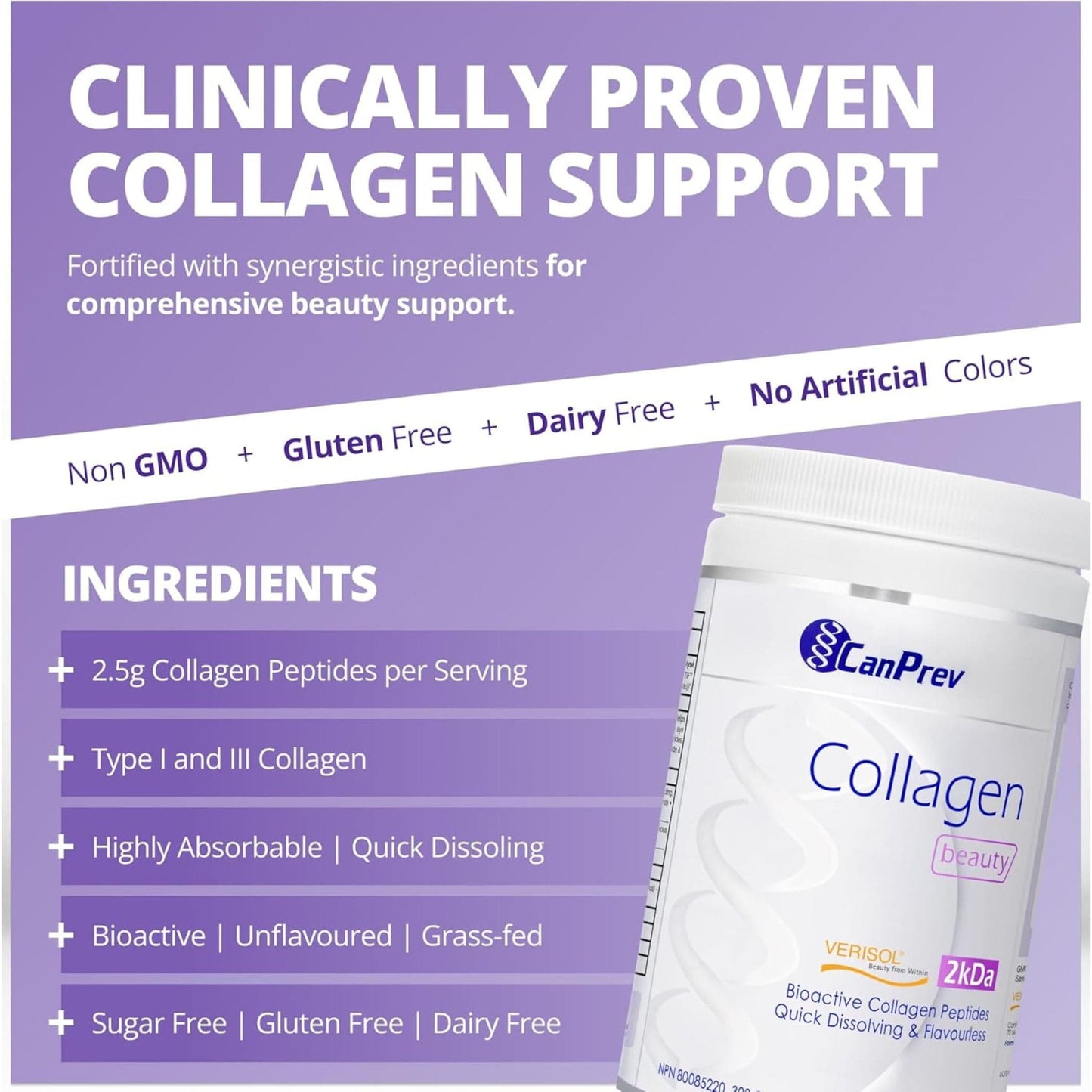 Unflavoured, 500g | CanPrev Collagen Beauty Powder, Verisol Bioactive Collagen Peptides