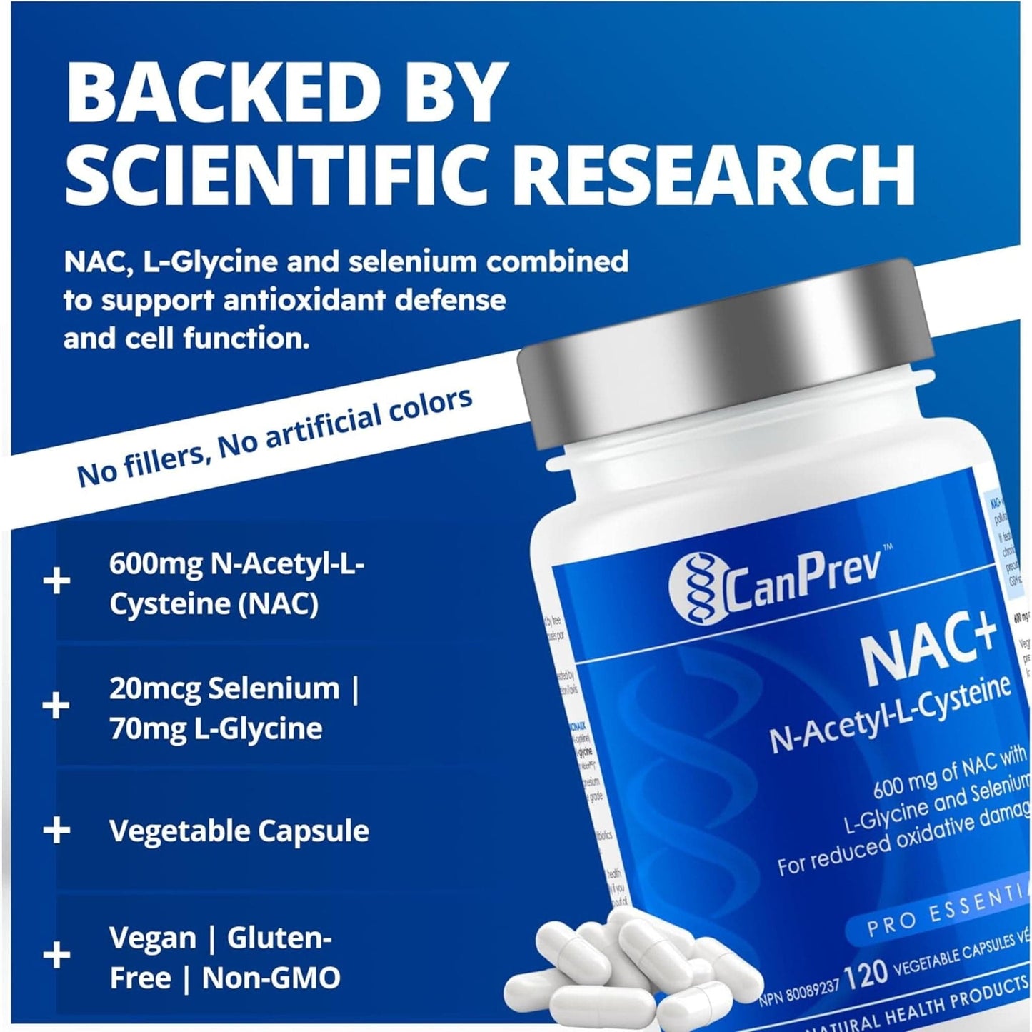 120 Vegetable Capsules |  CanPrev NAC (N-Acetyl-L-Cysteine) 600mg with Glycine and Selenium