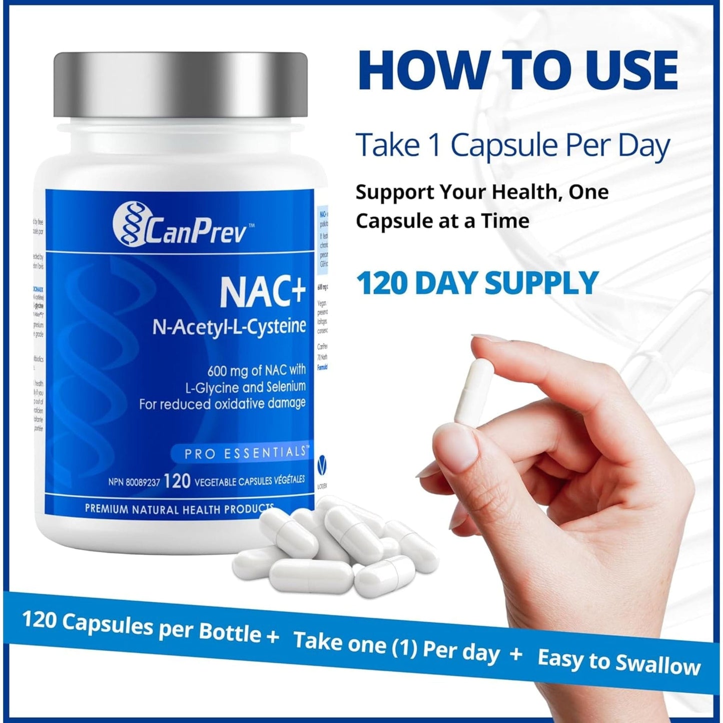 120 Vegetable Capsules |  CanPrev NAC (N-Acetyl-L-Cysteine) 600mg with Glycine and Selenium