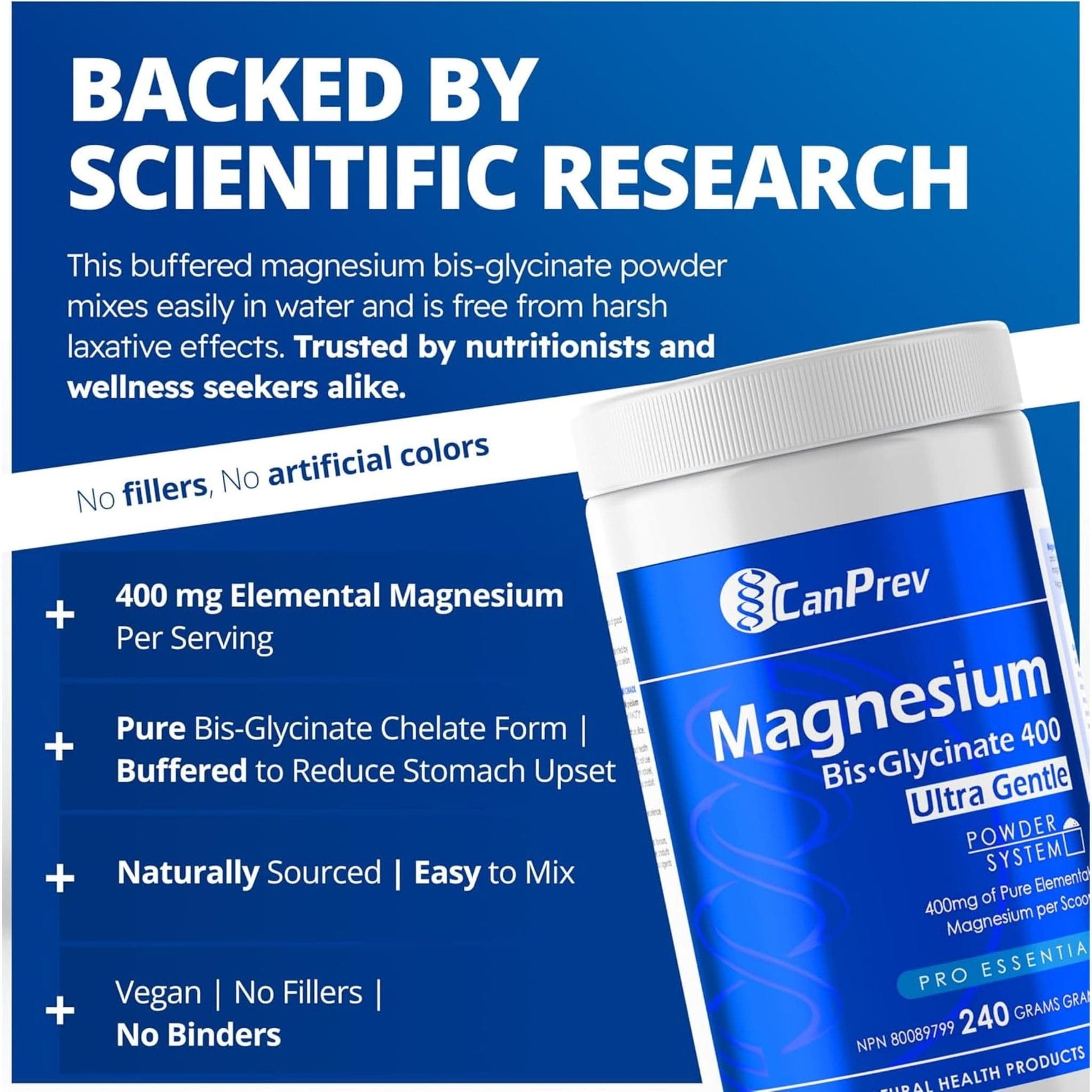 Unflavoured, 240g | CanPrev Magnesium Bis-Glycinate 400mg Ultra Gentle Powder