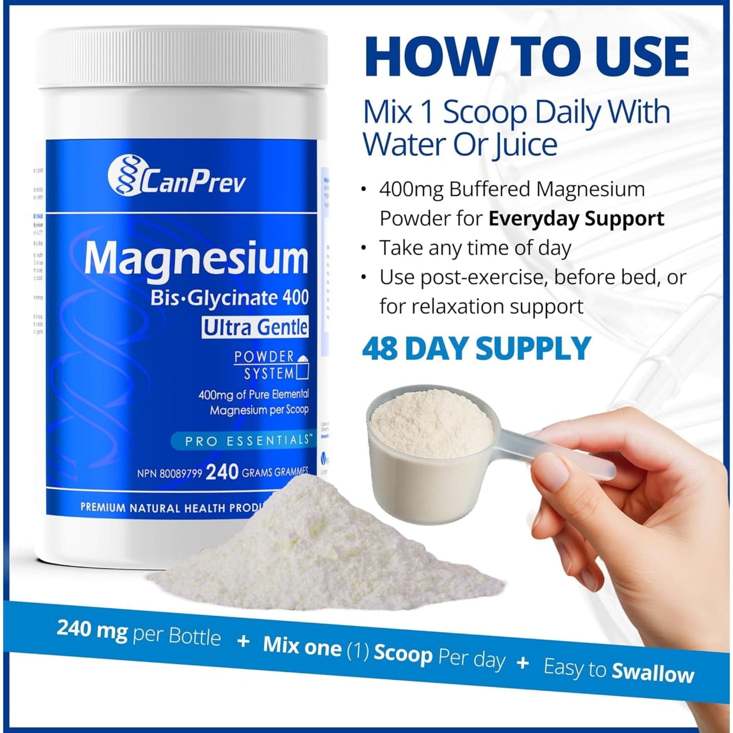 Unflavoured, 240g | CanPrev Magnesium Bis-Glycinate 400mg Ultra Gentle Powder