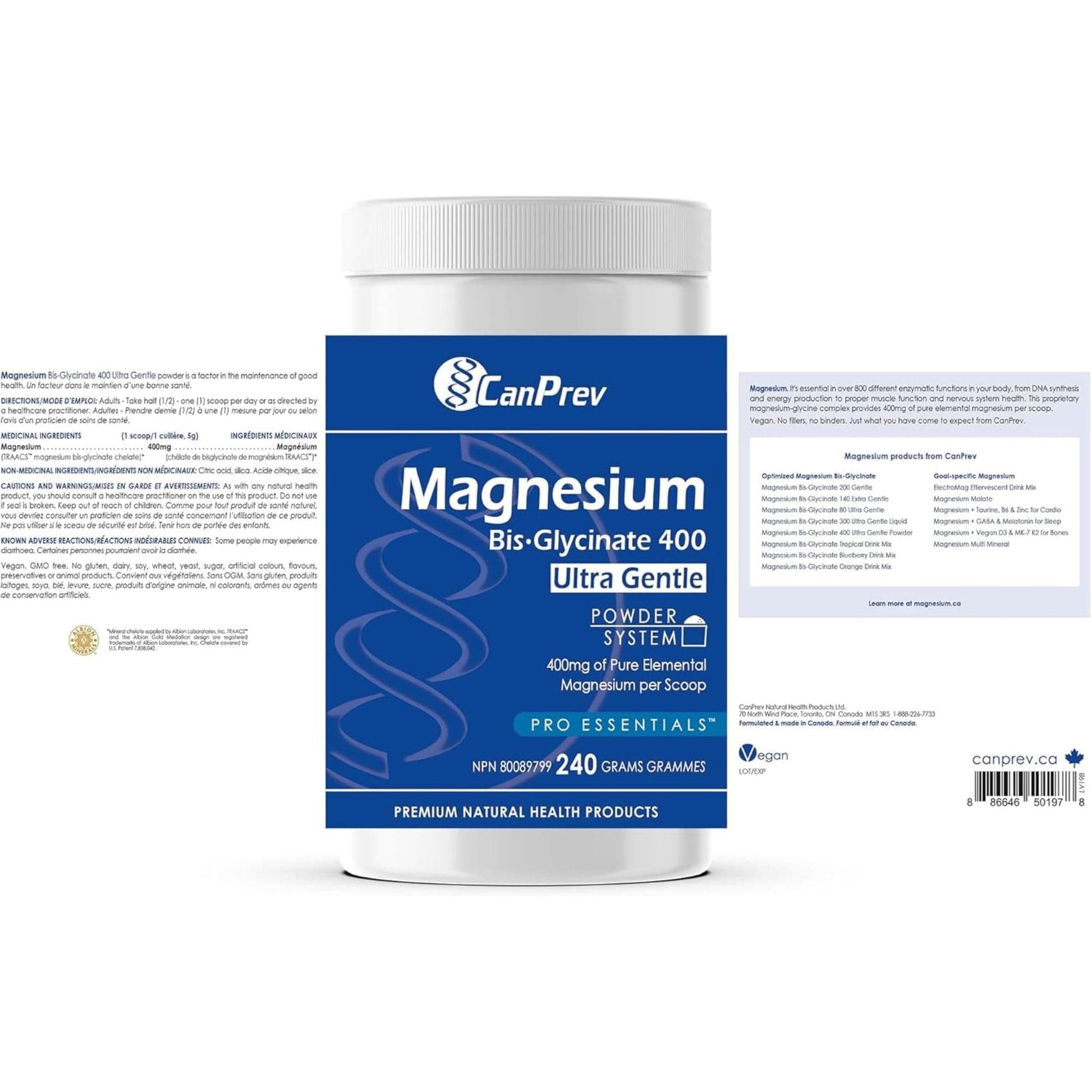 Unflavoured, 240g | CanPrev Magnesium Bis-Glycinate 400mg Ultra Gentle Powder
