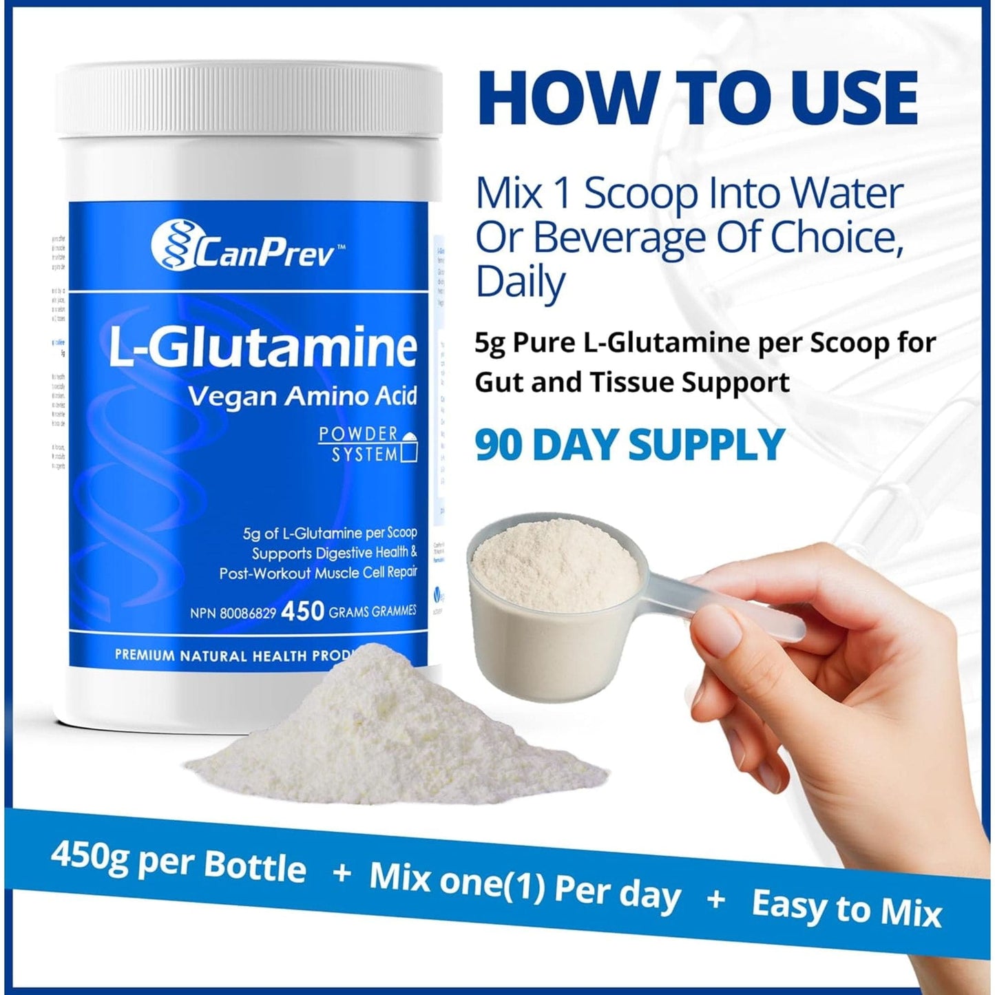 Unflavoured, 450g | CanPrev L-Glutamine Vegan Amino Acid Powder