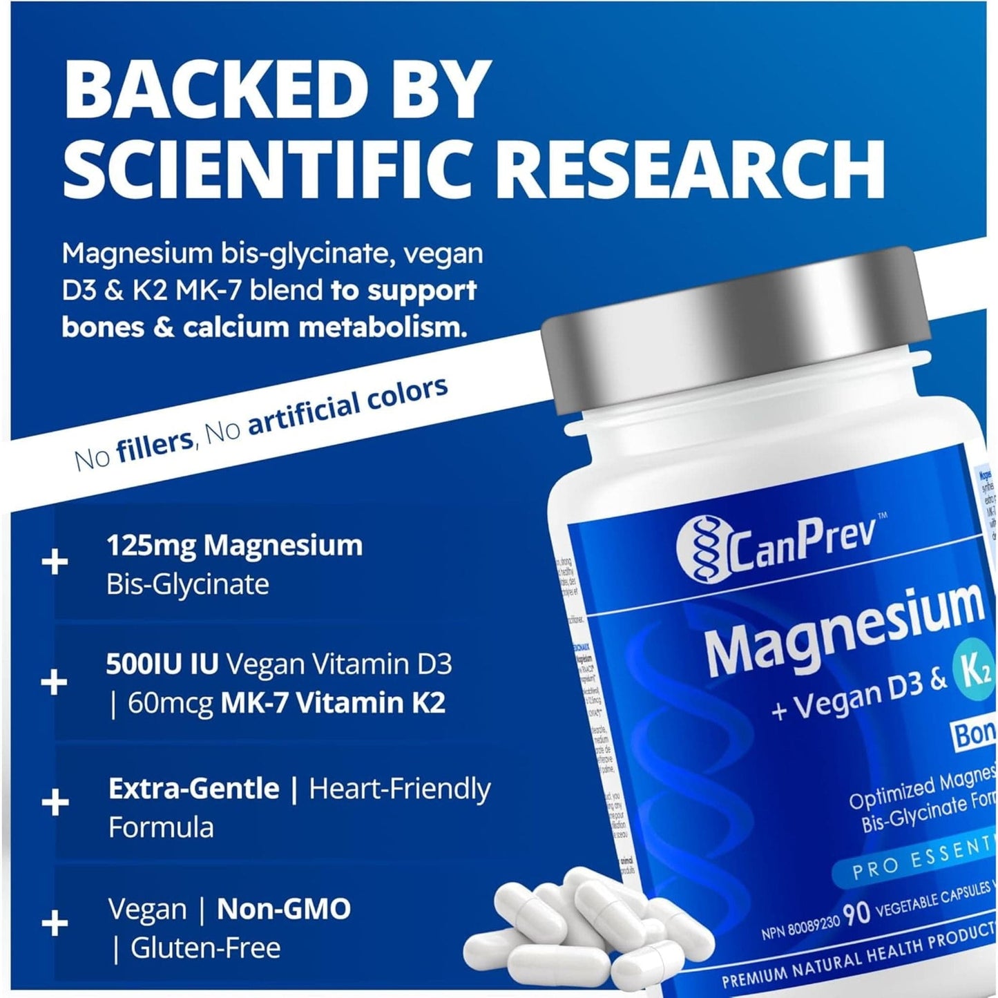90 Vegetable Capsules | CanPrev Magnesium, Vegan D3 & K2 for Bones