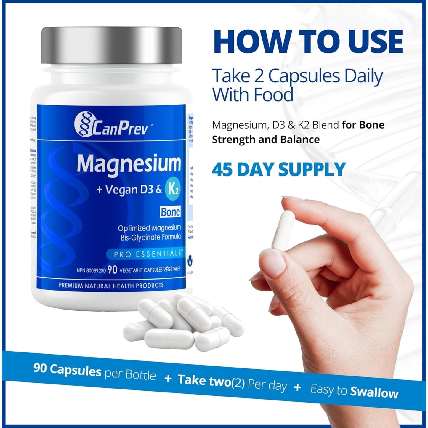 90 Vegetable Capsules | CanPrev Magnesium, Vegan D3 & K2 for Bones