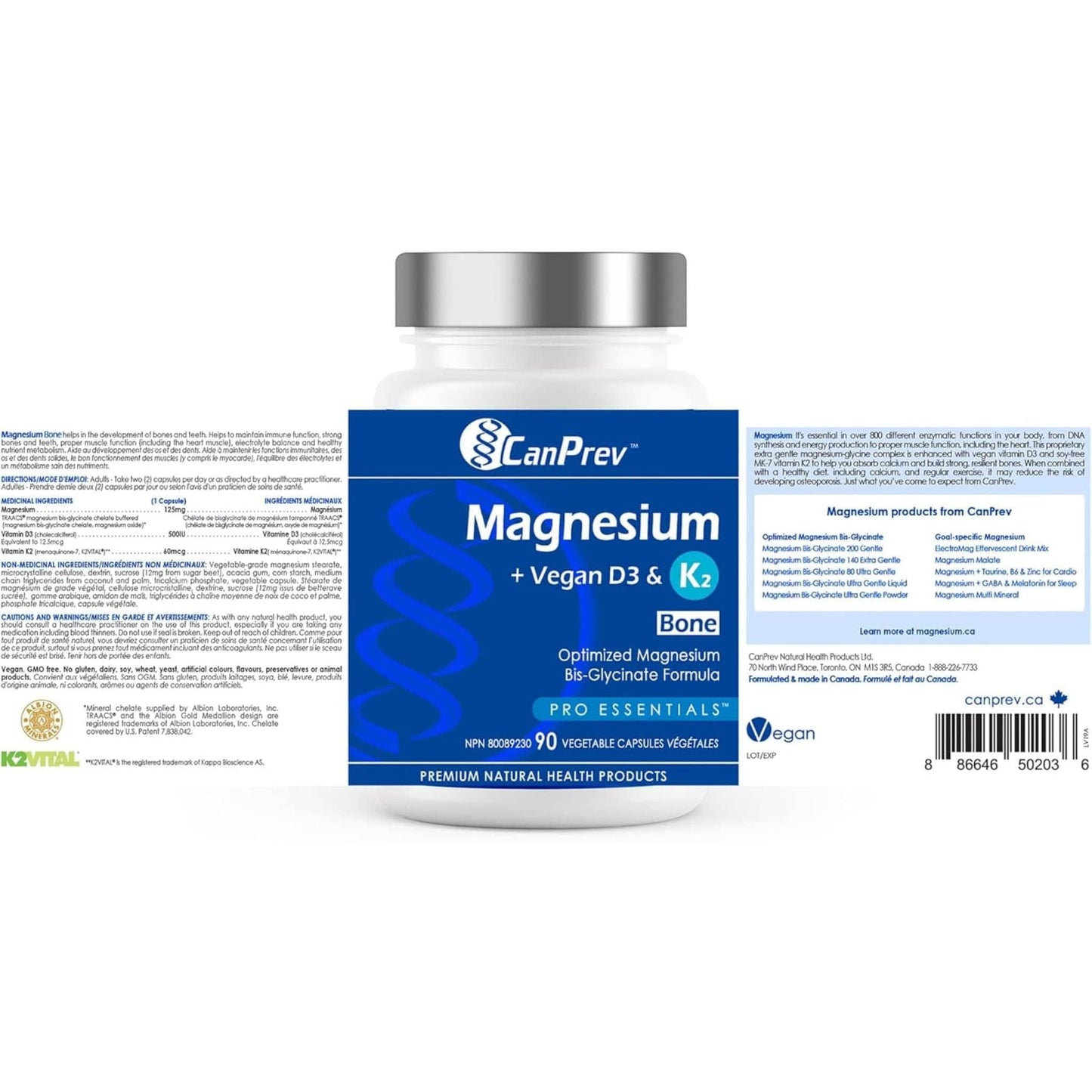 90 Vegetable Capsules | CanPrev Magnesium, Vegan D3 & K2 for Bones