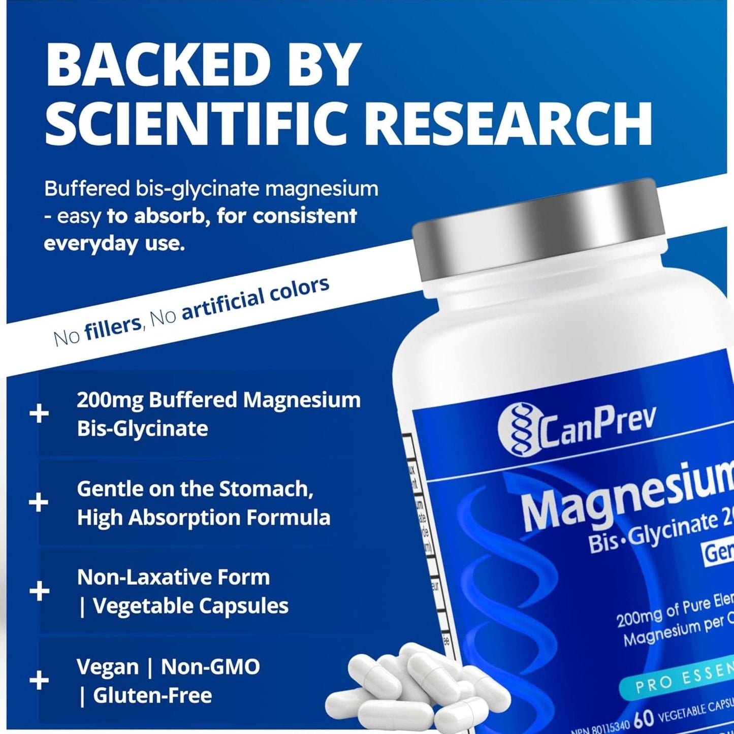 60 Vegetable Capsules | CanPrev Magnesium Bisglycinate 200mg Gentle
