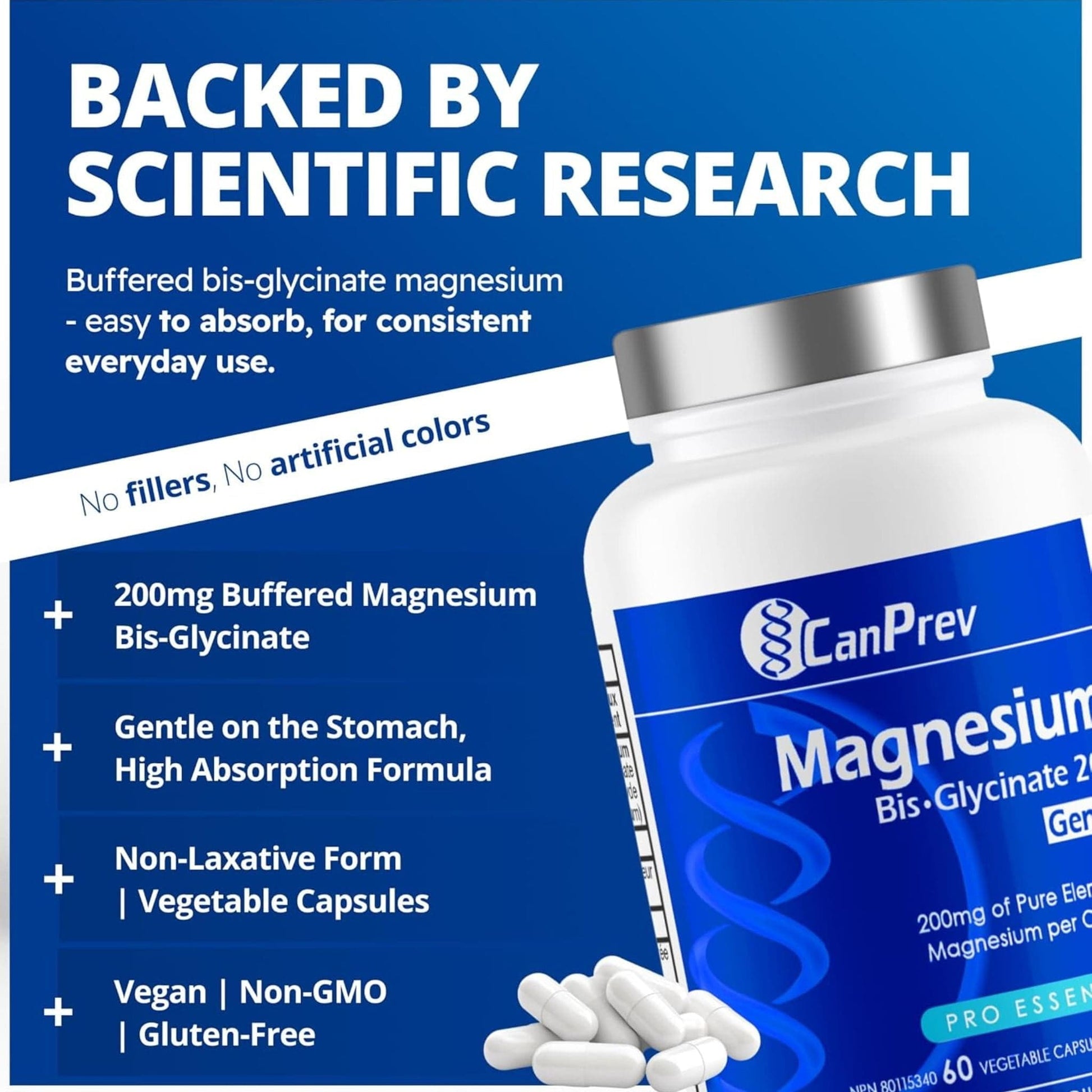 60 Vegetable Capsules | CanPrev Magnesium Bisglycinate 200mg Gentle