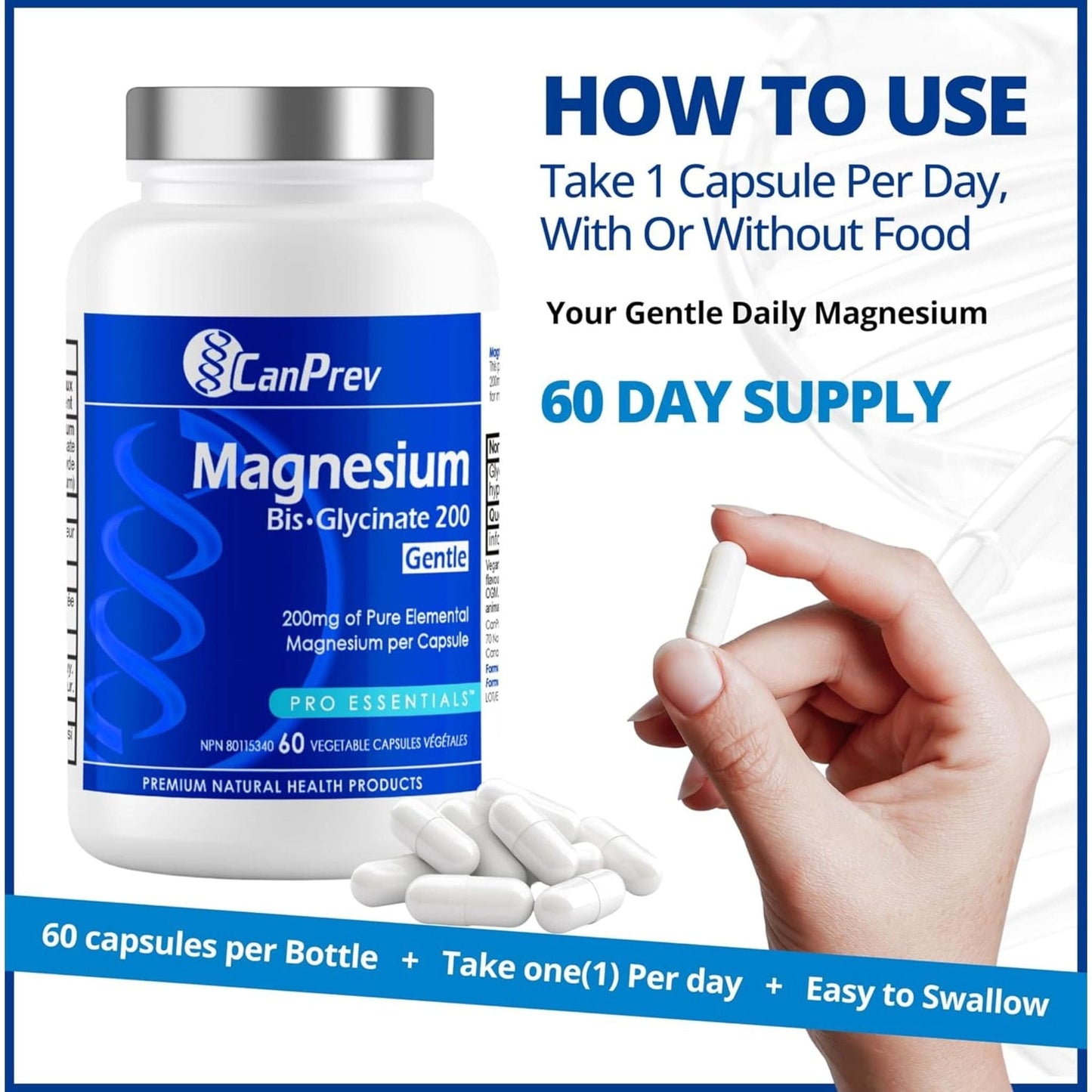 60 Vegetable Capsules | CanPrev Magnesium Bisglycinate 200mg Gentle