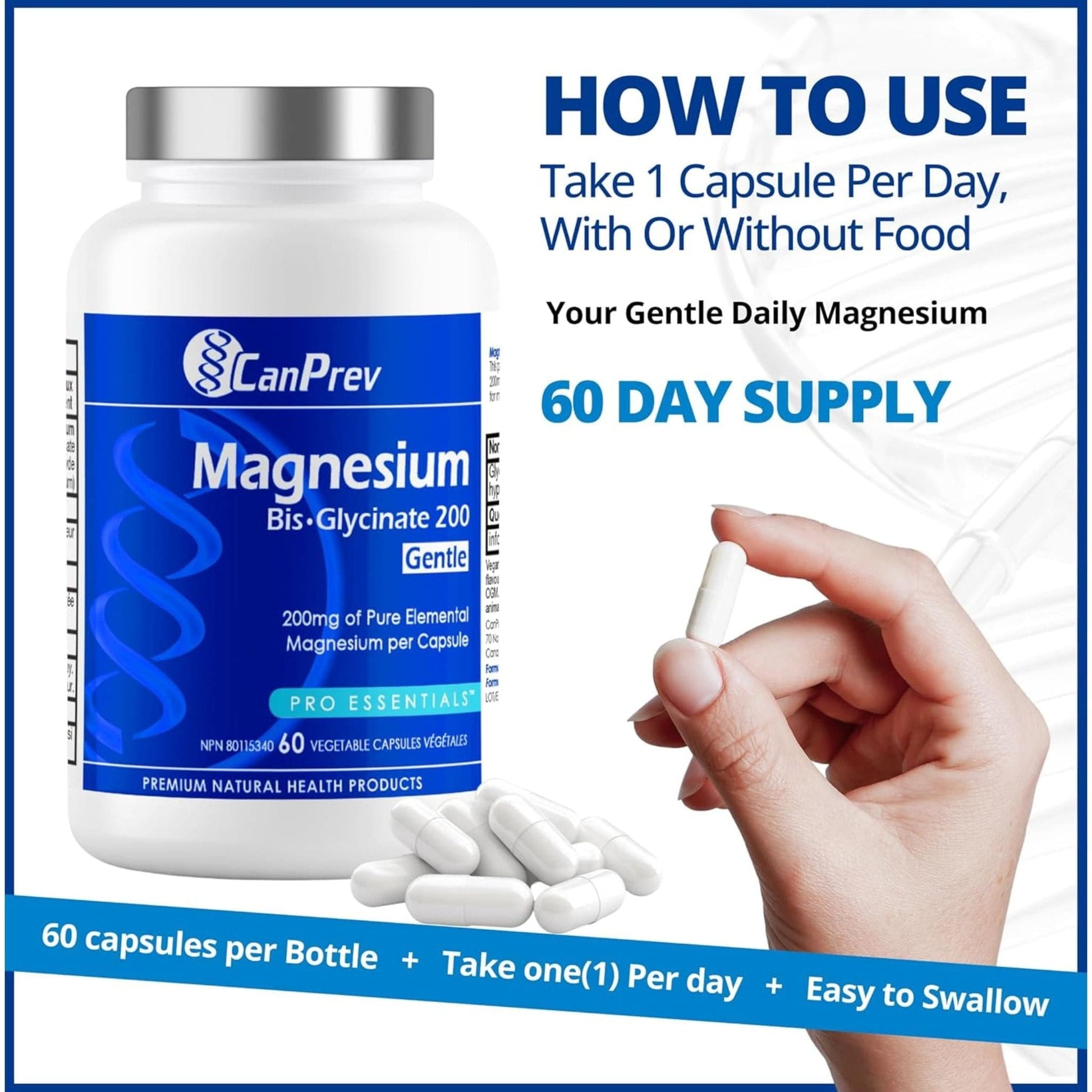 60 Vegetable Capsules | CanPrev Magnesium Bisglycinate 200mg Gentle