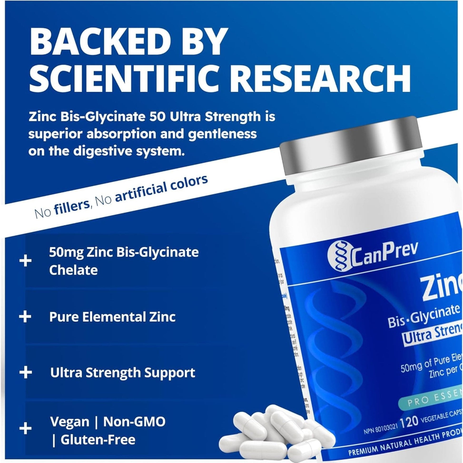 120 Vegetable Capsules | CanPrev Zinc Bis-Glycinate 50mg Ultra Strength