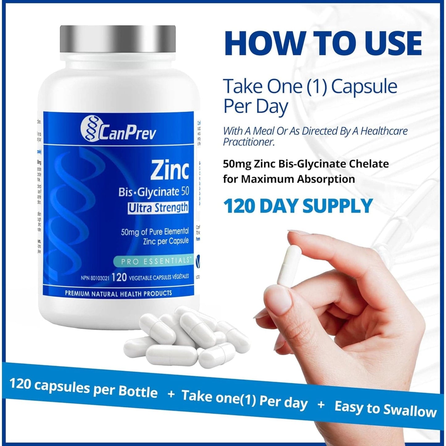 120 Vegetable Capsules | CanPrev Zinc Bis-Glycinate 50mg Ultra Strength