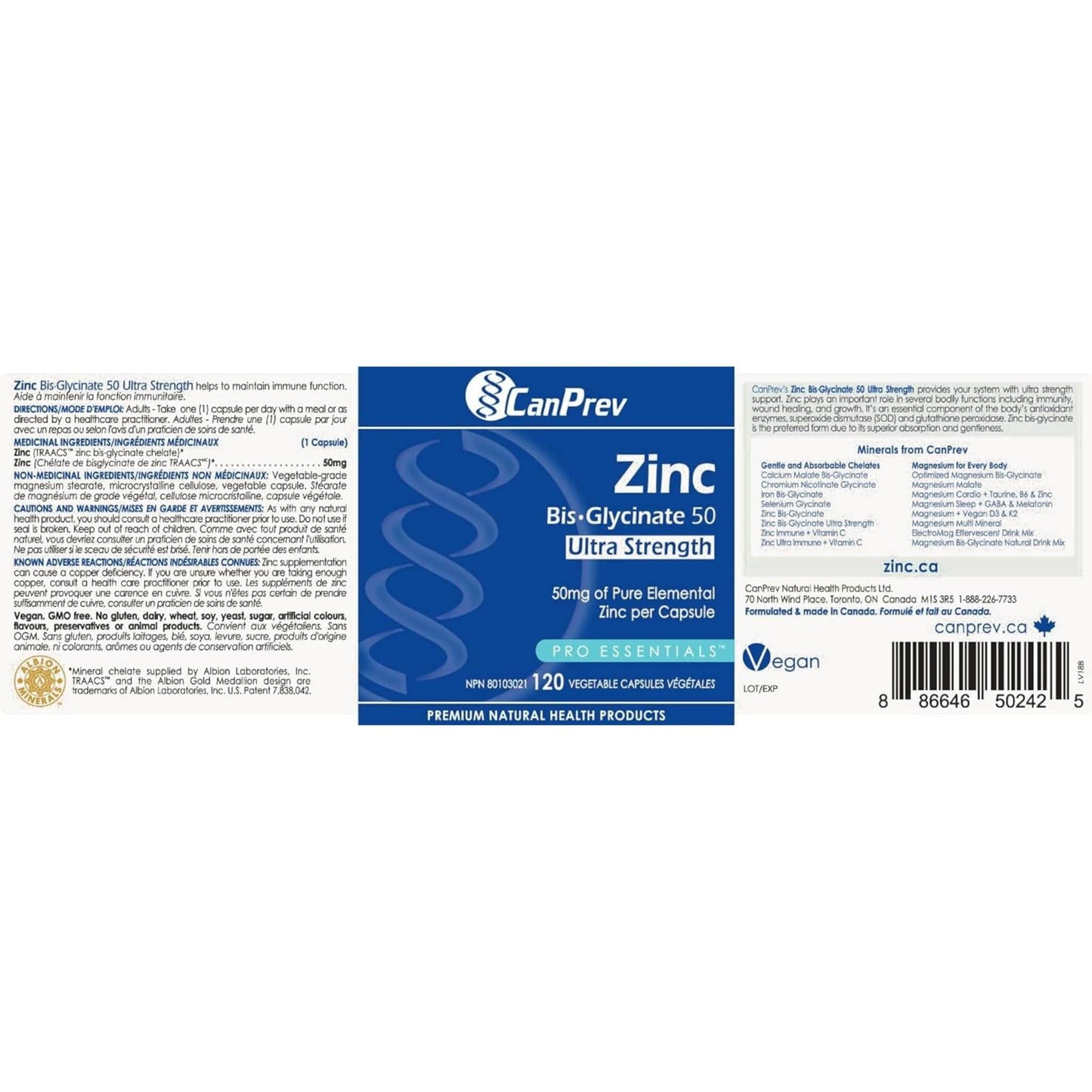 120 Vegetable Capsules | CanPrev Zinc Bis-Glycinate 50mg Ultra Strength