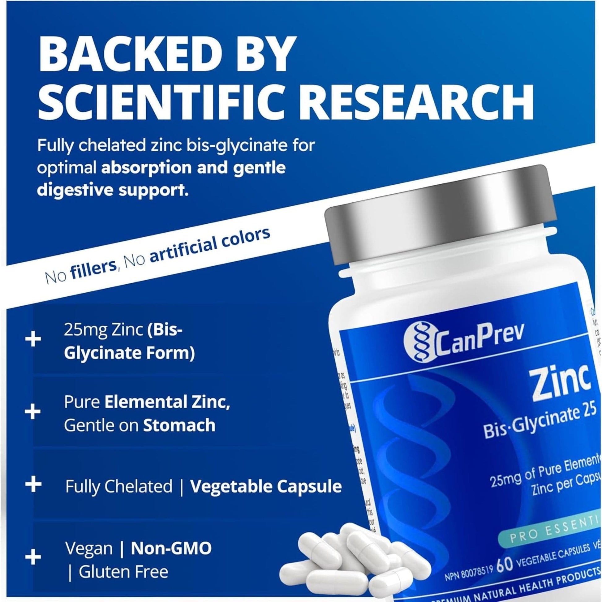 60 Vegetable Capsules | CanPrev Zinc Bisglycinate 25mg (Chelated)
