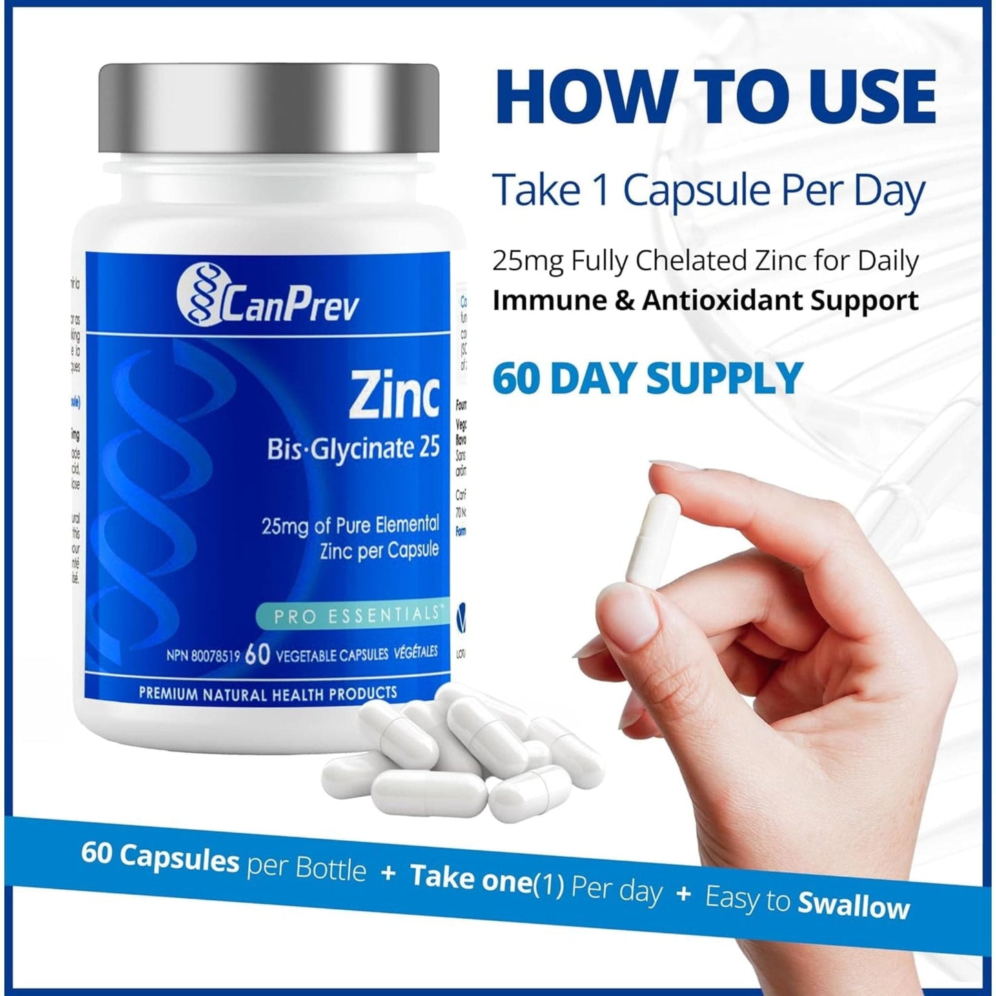 60 Vegetable Capsules | CanPrev Zinc Bisglycinate 25mg (Chelated)