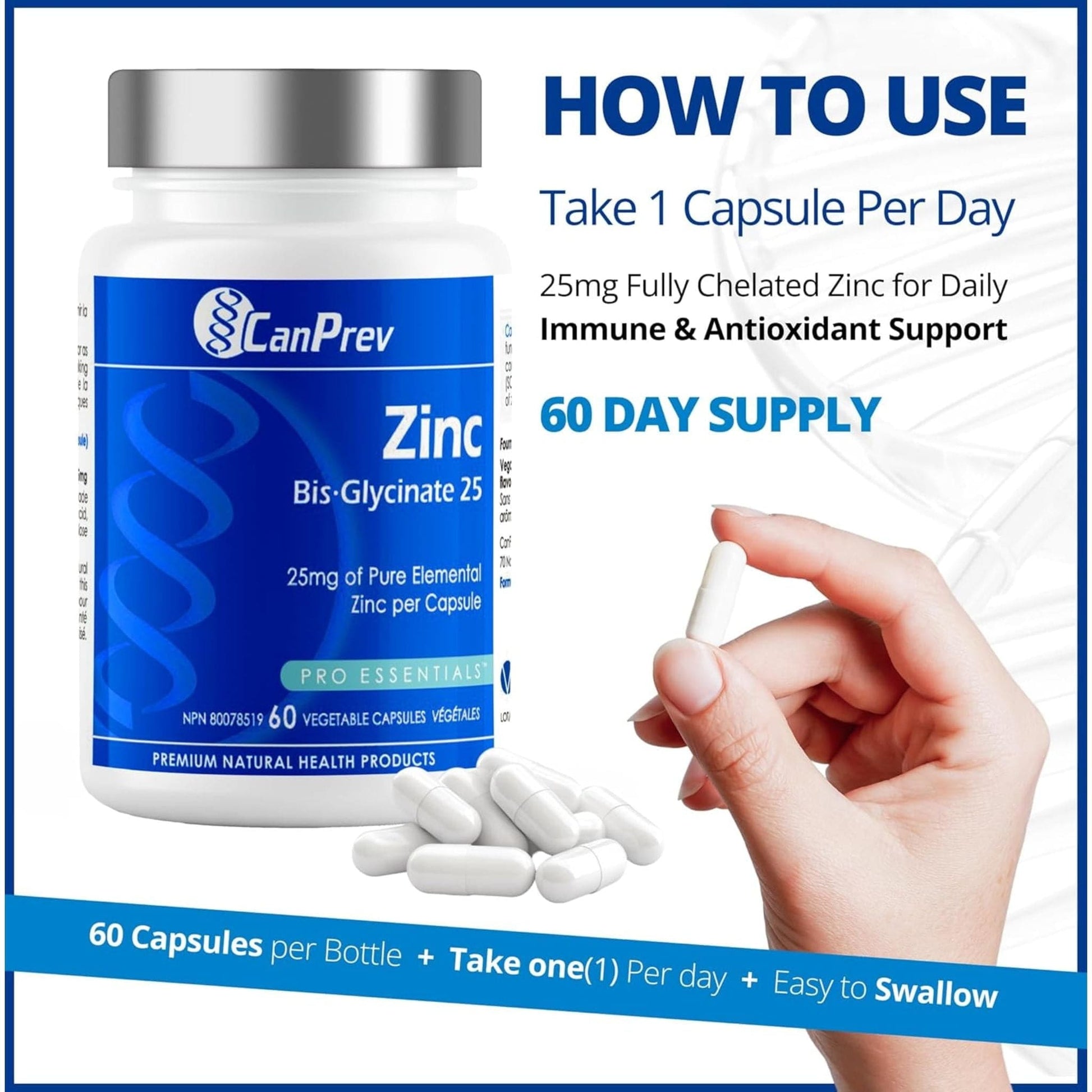 60 Vegetable Capsules | CanPrev Zinc Bisglycinate 25mg (Chelated)