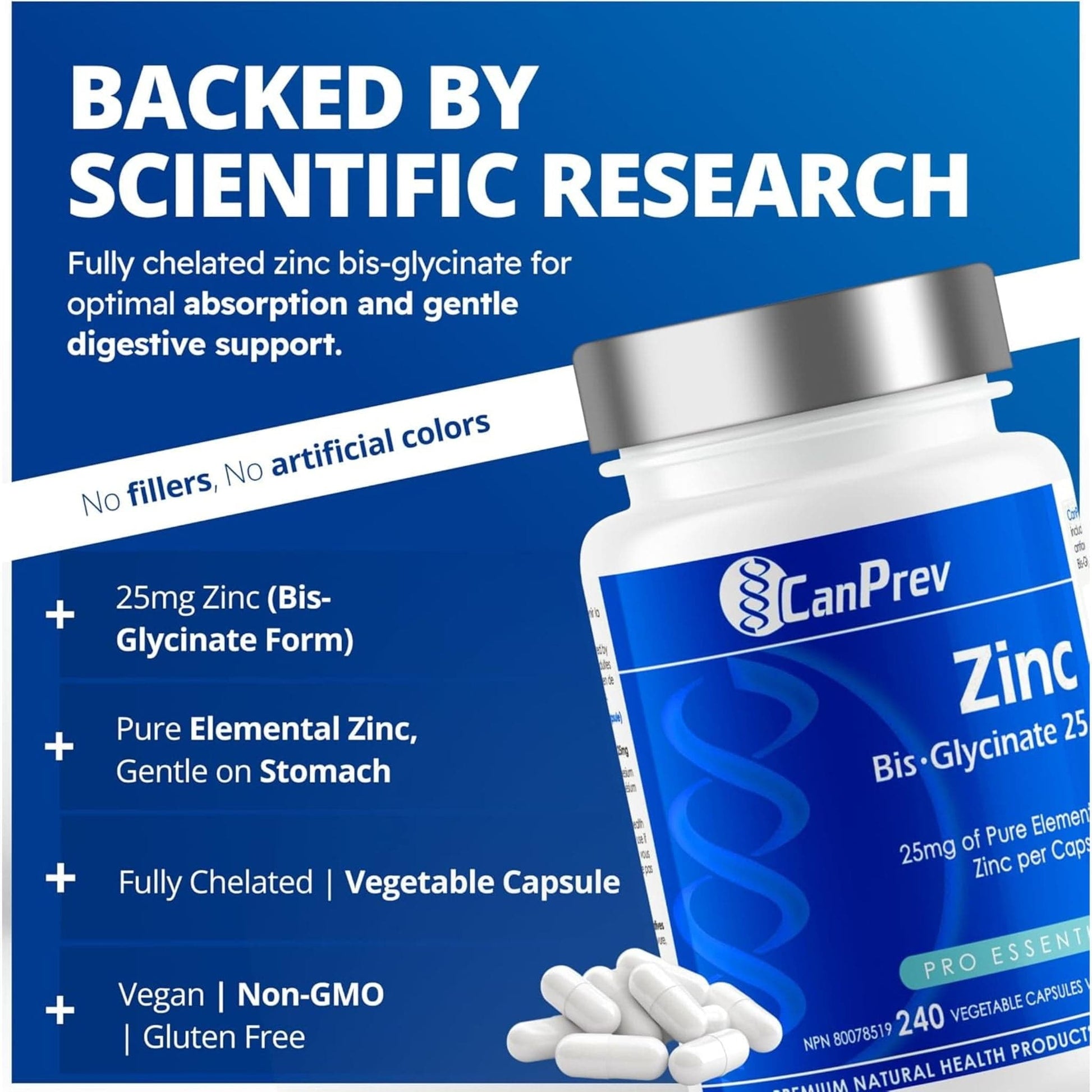 240 Vegetable Capsules | CanPrev Zinc Bisglycinate 25mg (Chelated)