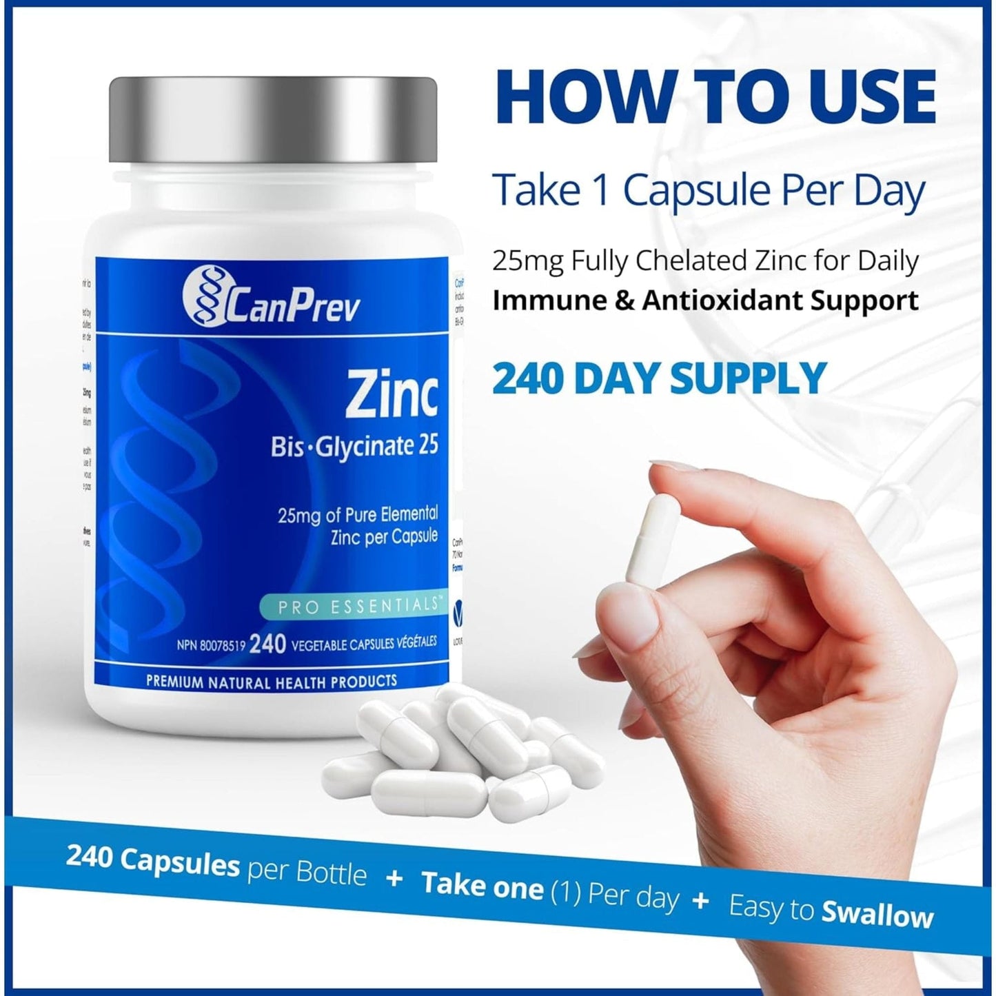 240 Vegetable Capsules | CanPrev Zinc Bisglycinate 25mg (Chelated)