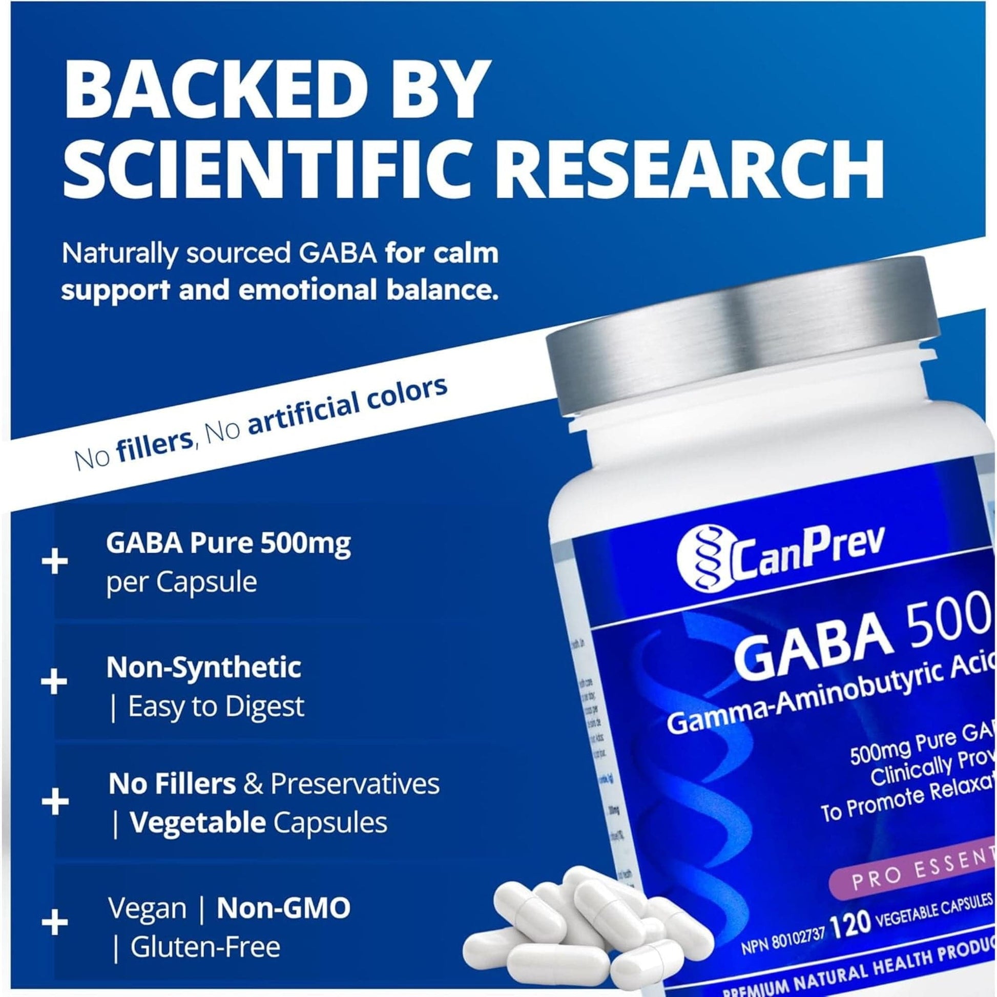 120 Vegetable Capsules | CanPrev GABA 500mg, Gamma-Aminobutyric Acid