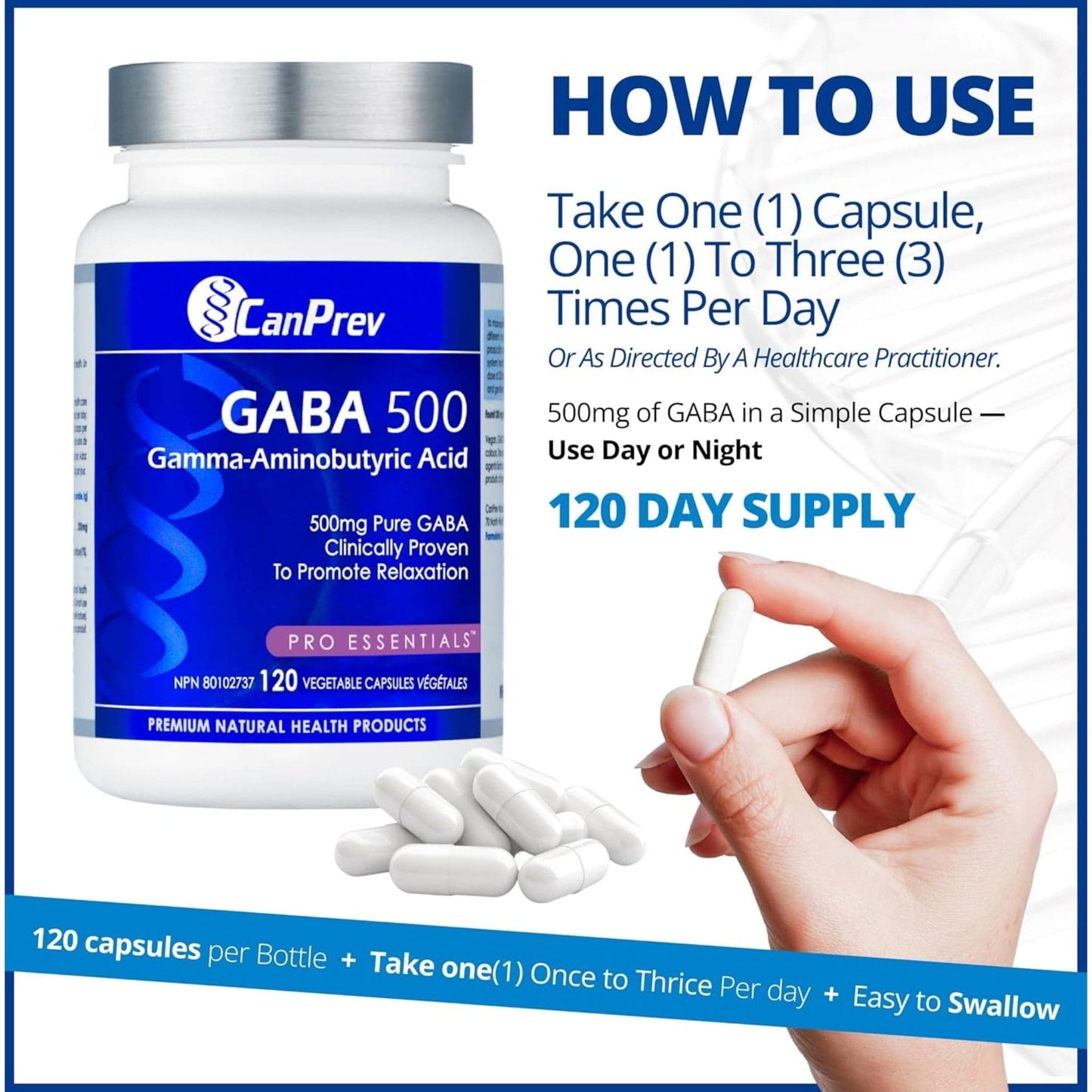 120 Vegetable Capsules | CanPrev GABA 500mg, Gamma-Aminobutyric Acid