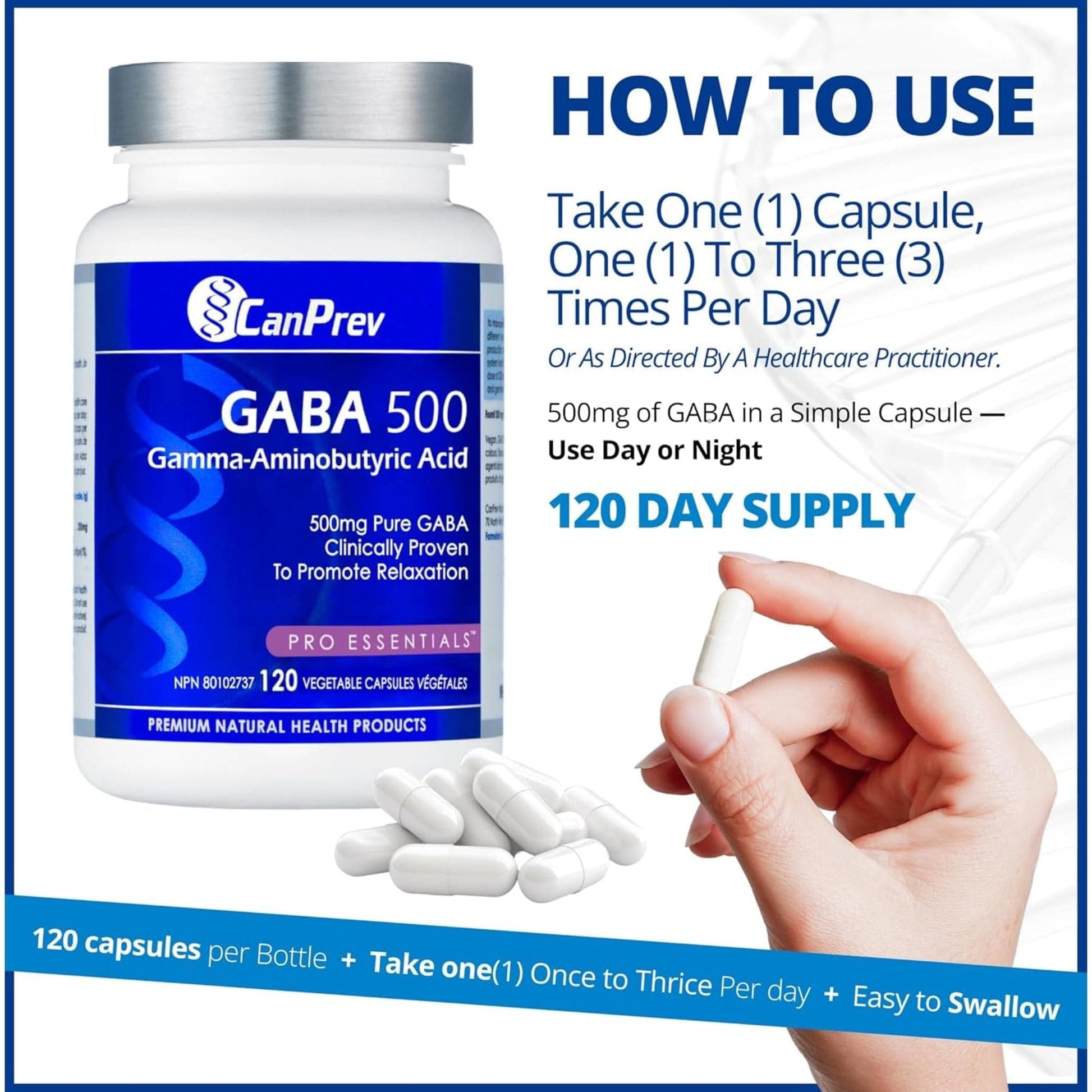 120 Vegetable Capsules | CanPrev GABA 500mg, Gamma-Aminobutyric Acid