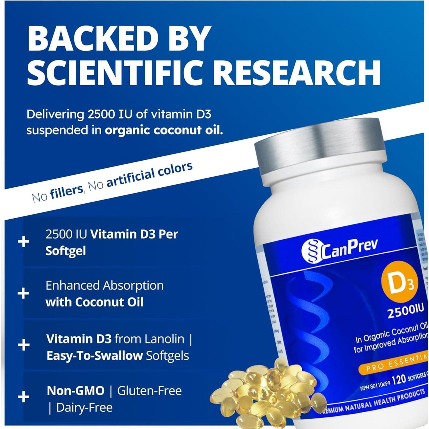 120 Softgels | CanPrev Vitamin D3 2500IU Softgels in a MCT Oil Base