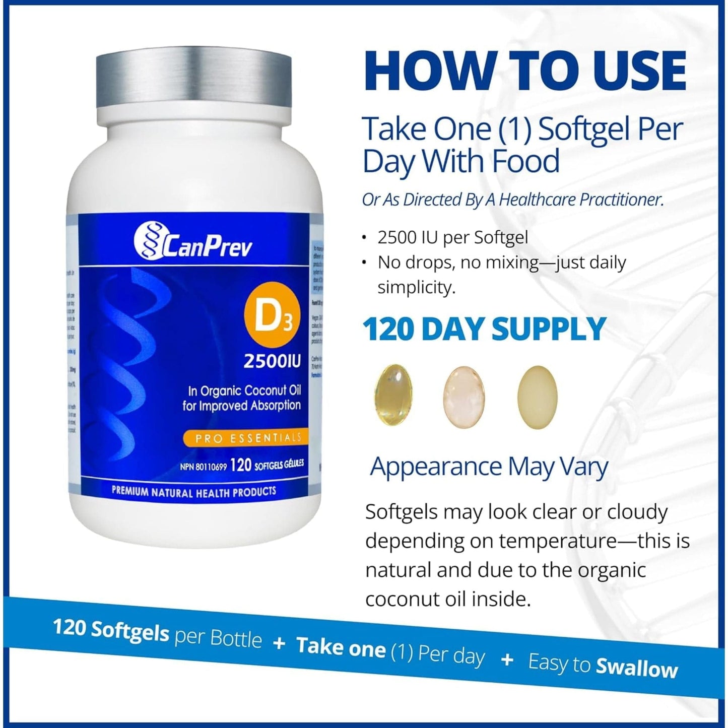 120 Softgels | CanPrev Vitamin D3 2500IU Softgels in a MCT Oil Base
