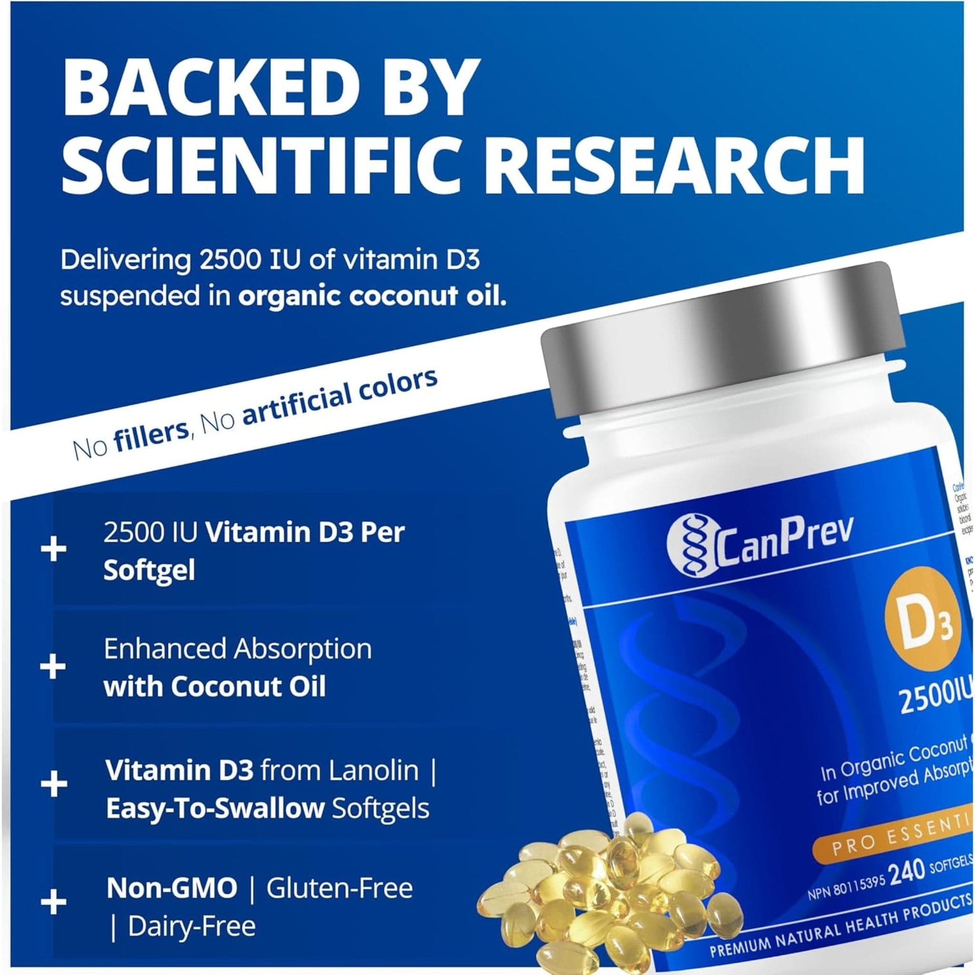240 Softgels | CanPrev Vitamin D3 2500IU Softgels in a MCT Oil Base