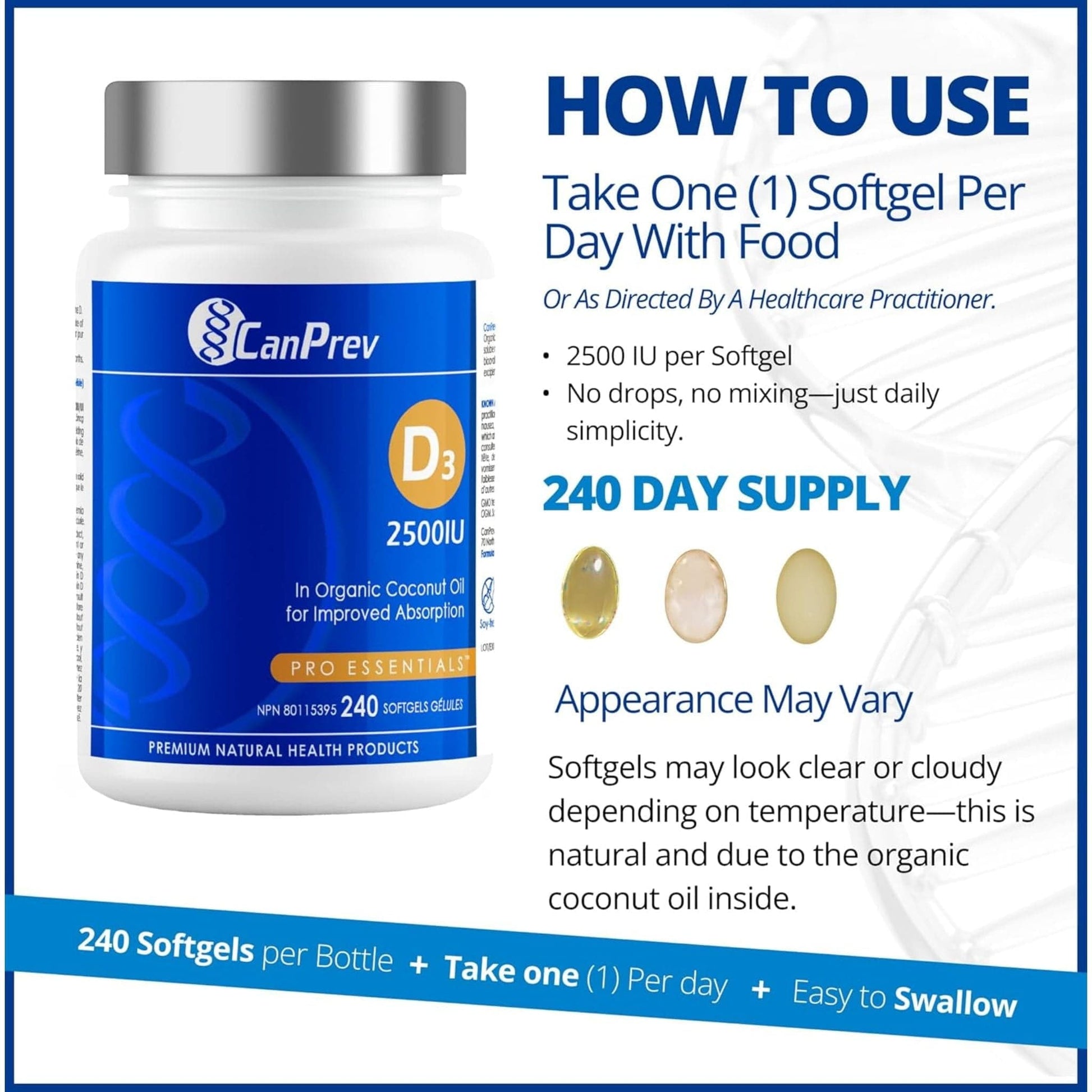 240 Softgels | CanPrev Vitamin D3 2500IU Softgels in a MCT Oil Base