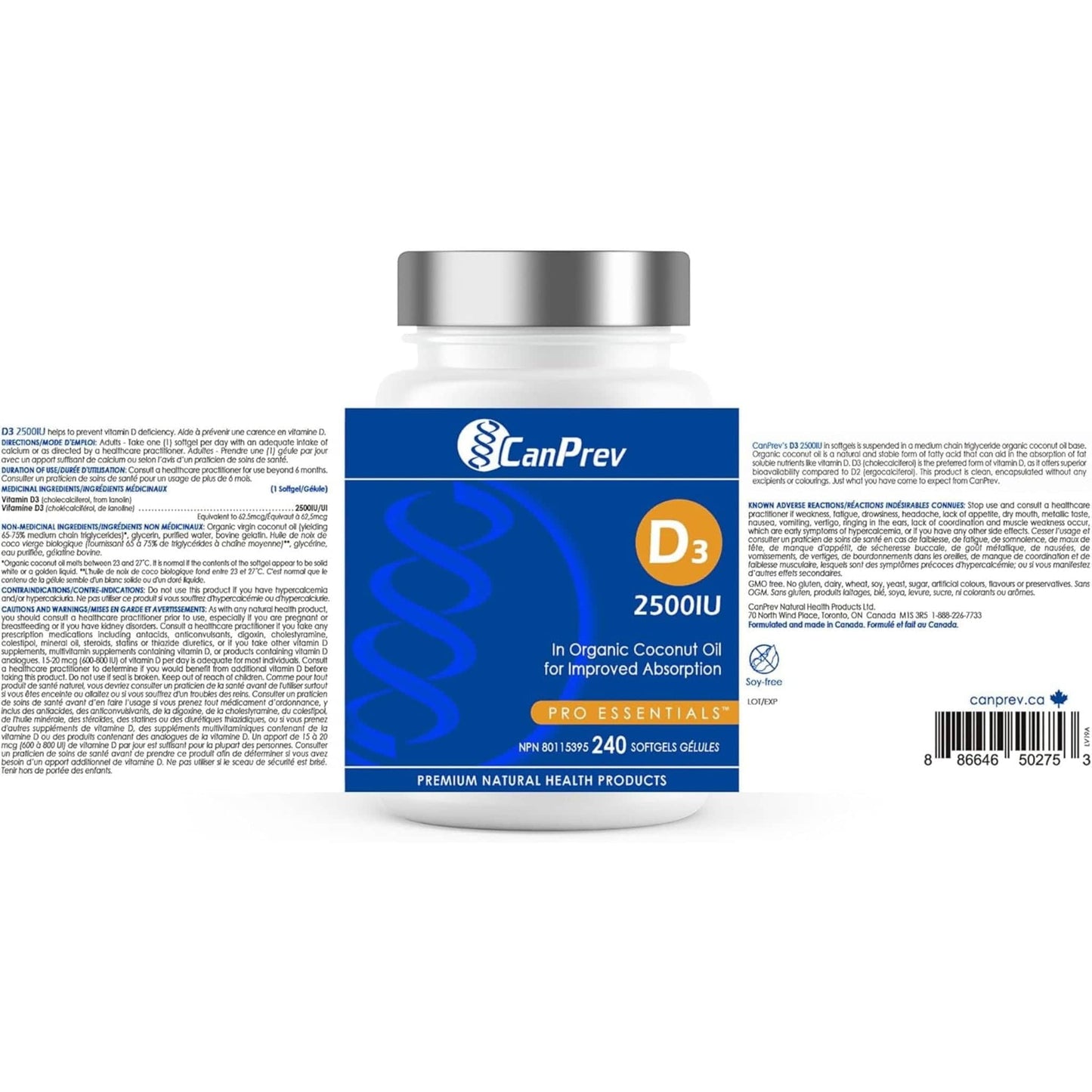 240 Softgels | CanPrev Vitamin D3 2500IU Softgels in a MCT Oil Base