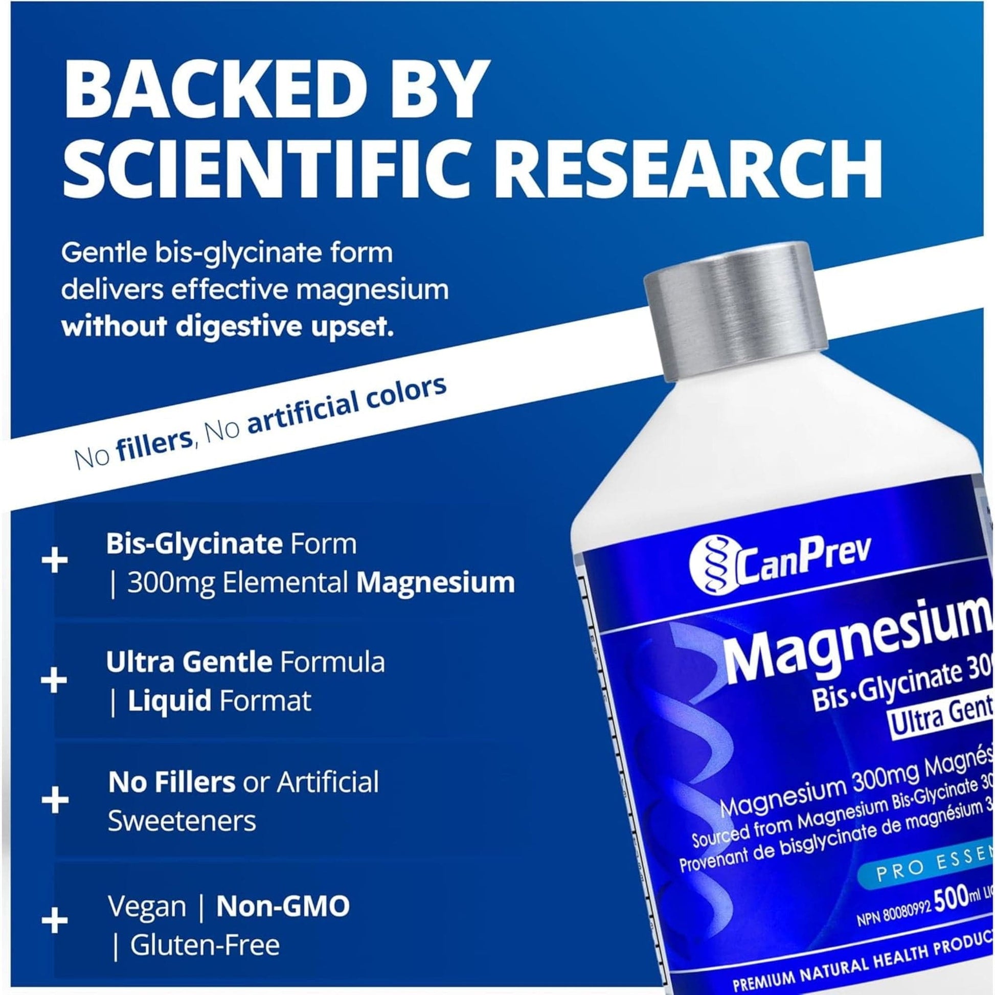 Unflavoured, 500ml | CanPrev Magnesium Bis-Glycinate 300, Ultra Gentle Liquid