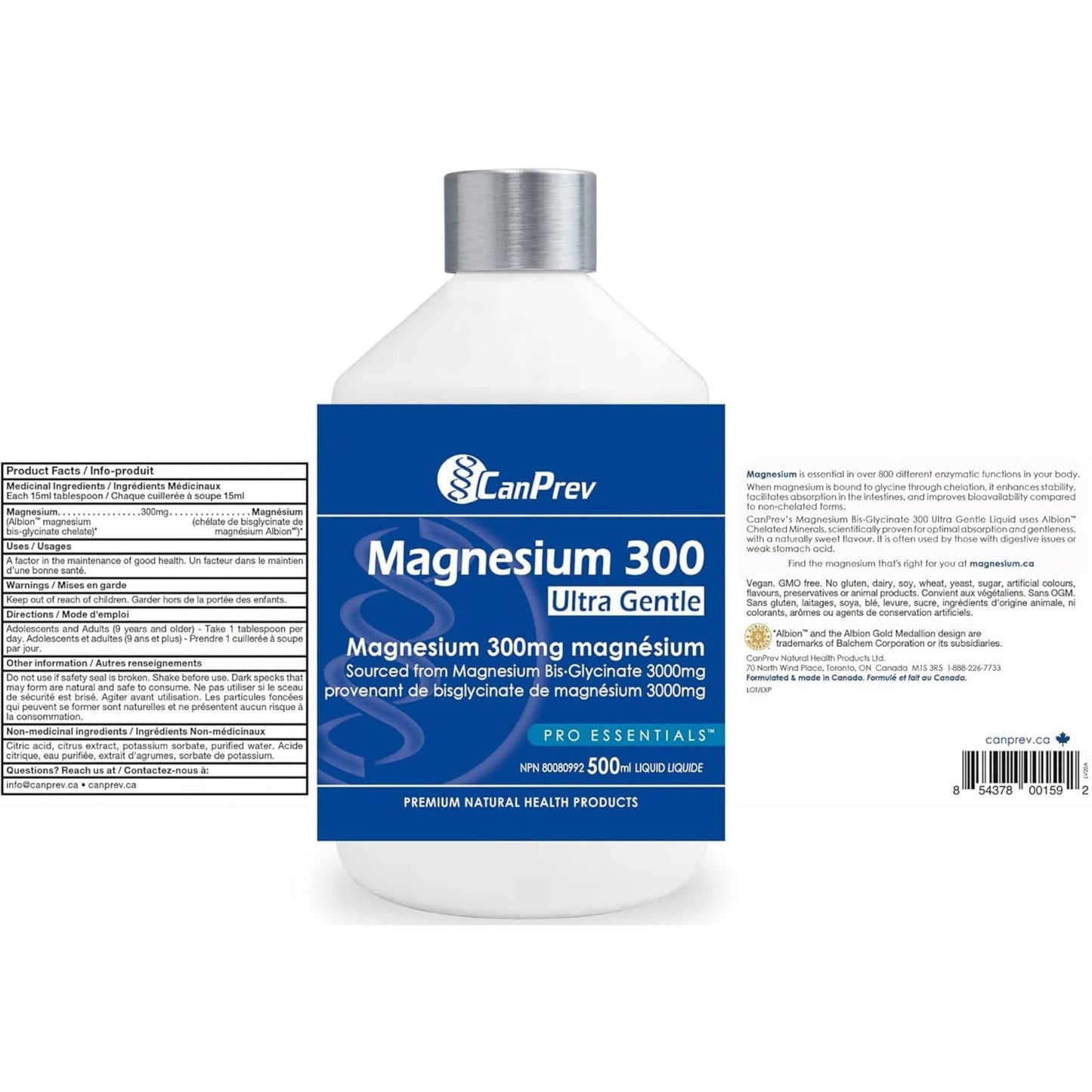 Unflavoured, 500ml | CanPrev Magnesium Bis-Glycinate 300, Ultra Gentle Liquid