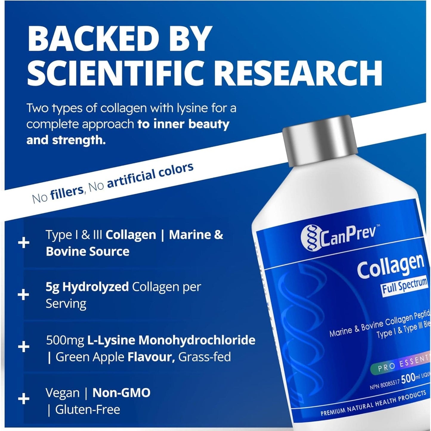 Green Apple, 500ml | CanPrev Collagen Full Spectrum Liquid Collagen, Bovine and Marine Collagen Type I and Type III