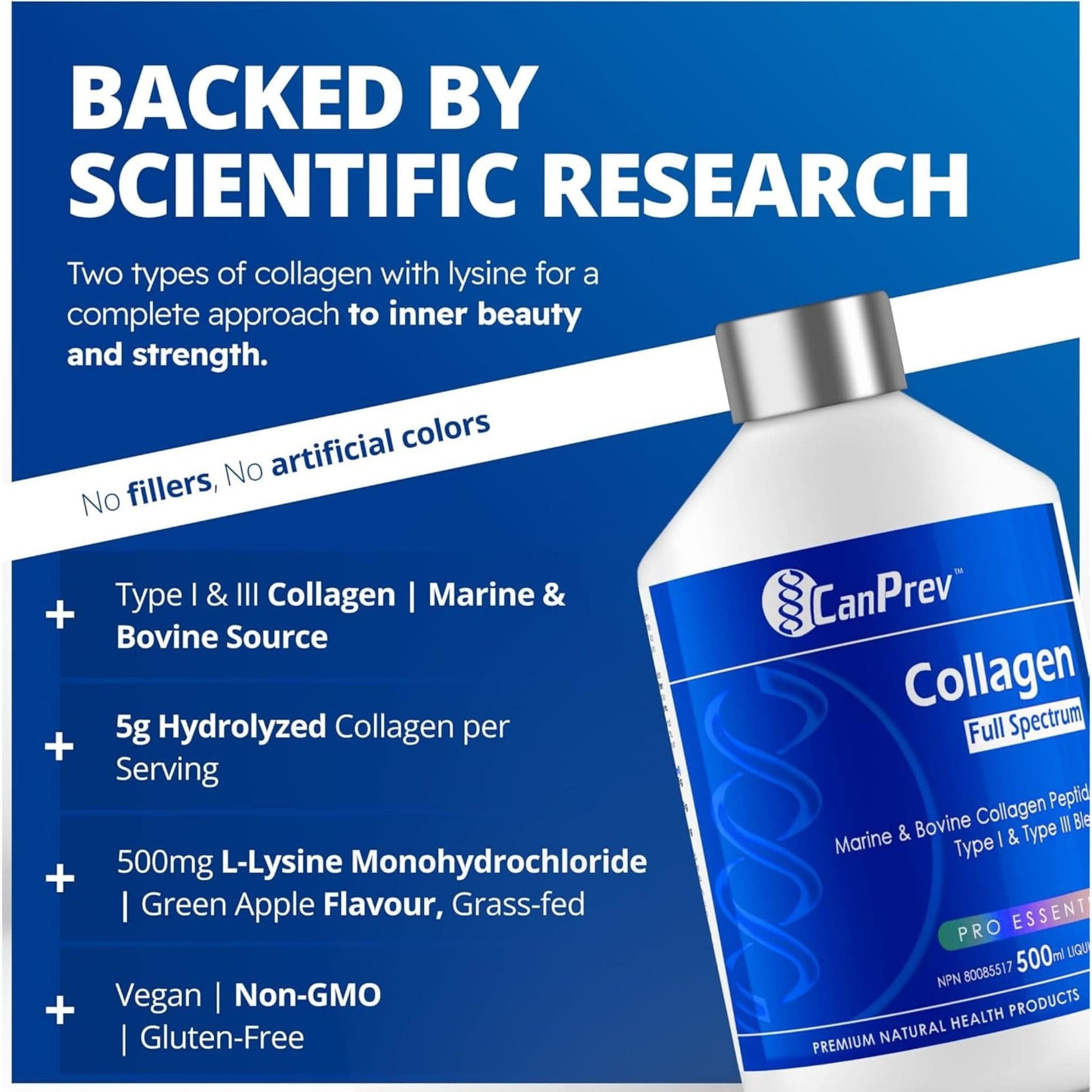 Green Apple, 500ml | CanPrev Collagen Full Spectrum Liquid Collagen, Bovine and Marine Collagen Type I and Type III