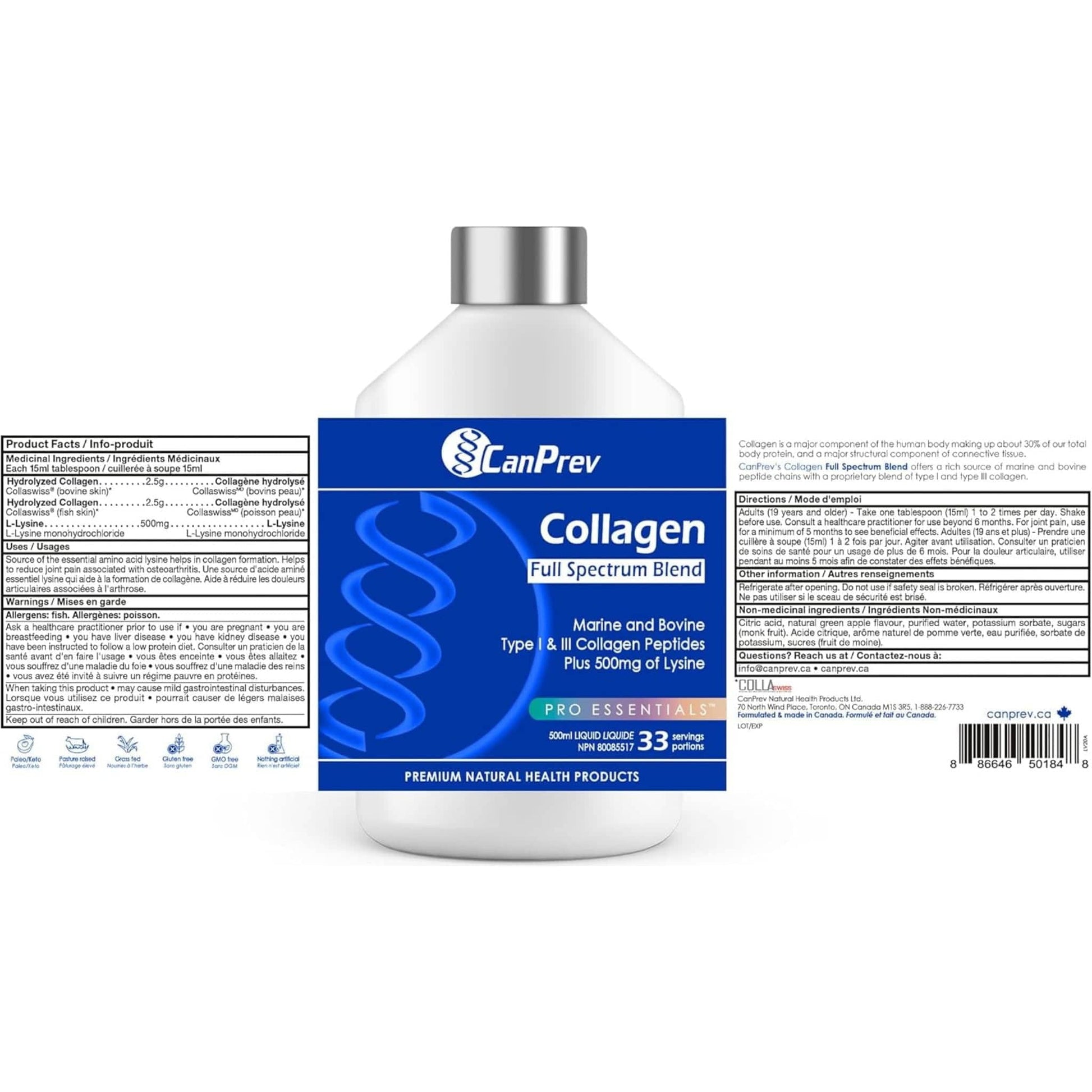 Green Apple, 500ml | CanPrev Collagen Full Spectrum Liquid Collagen, Bovine and Marine Collagen Type I and Type III