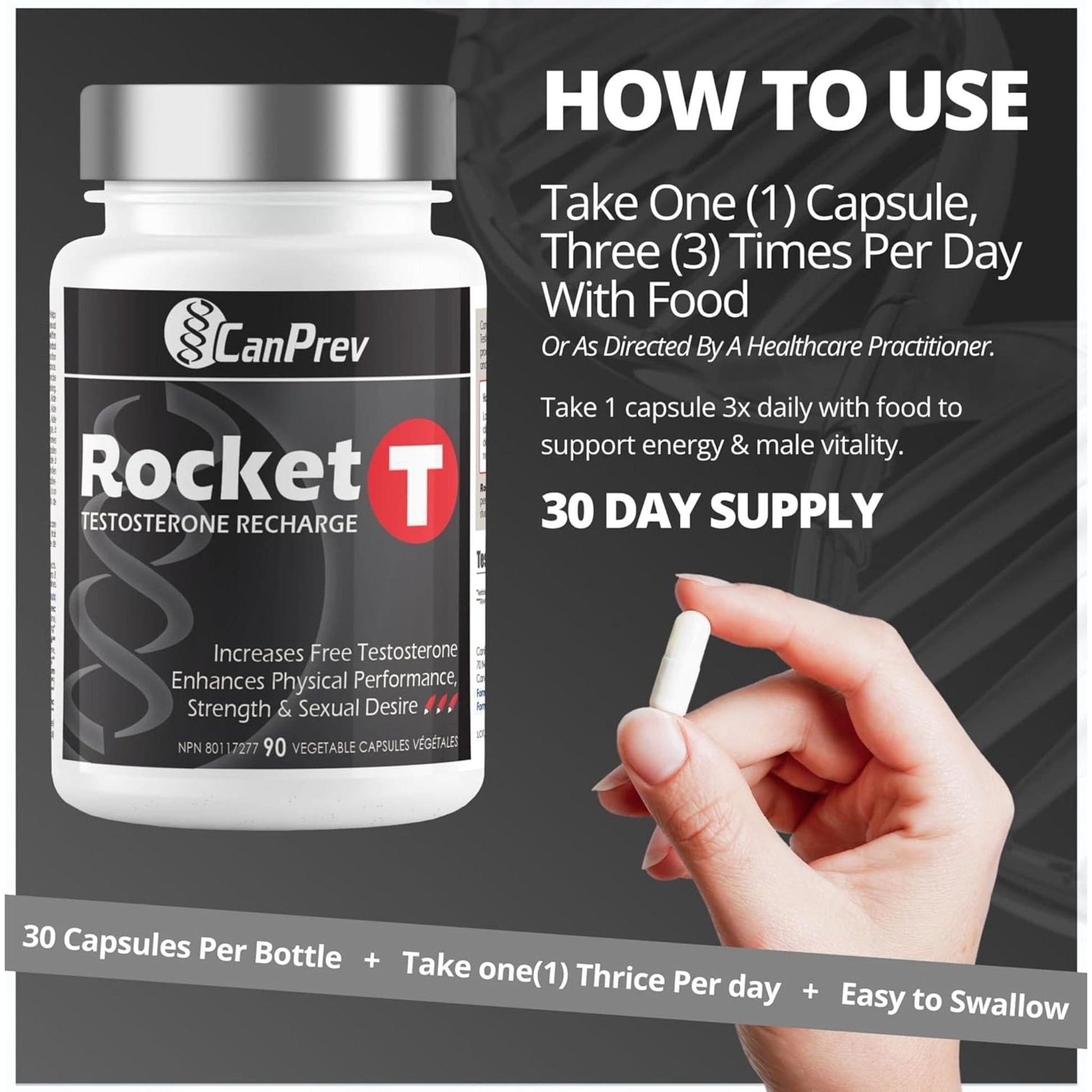 90 Vegetable Capsules | CanPrev Rocket T Testosterone Recharge, Testosterone Booster