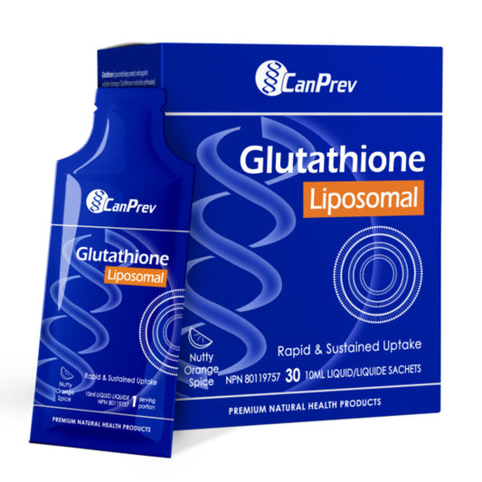 A box of CanPrev Liposomal Glutathione 30 sachets of 10ml liquid // Nutty Orange Spice