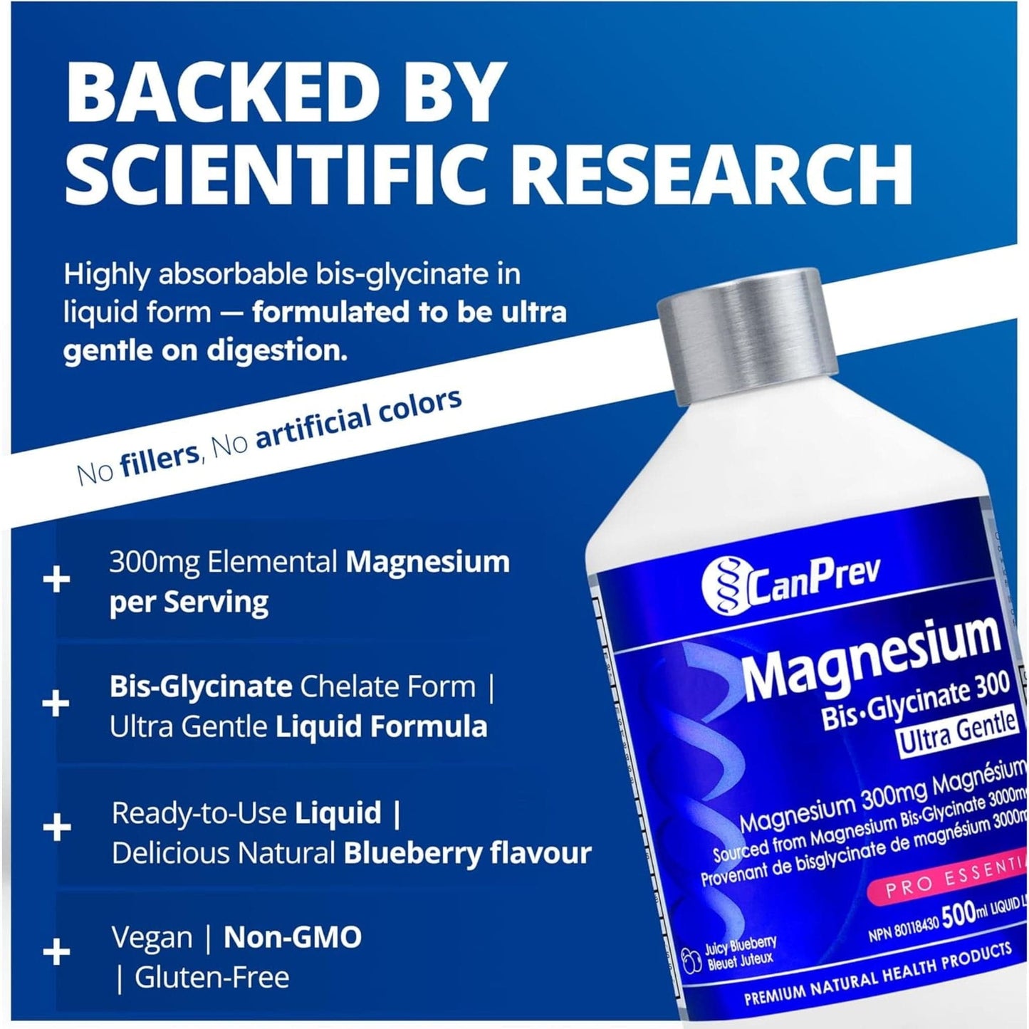 Juicy Blueberry, 500ml | CanPrev Magnesium Bis-Glycinate 300, Ultra Gentle Liquid