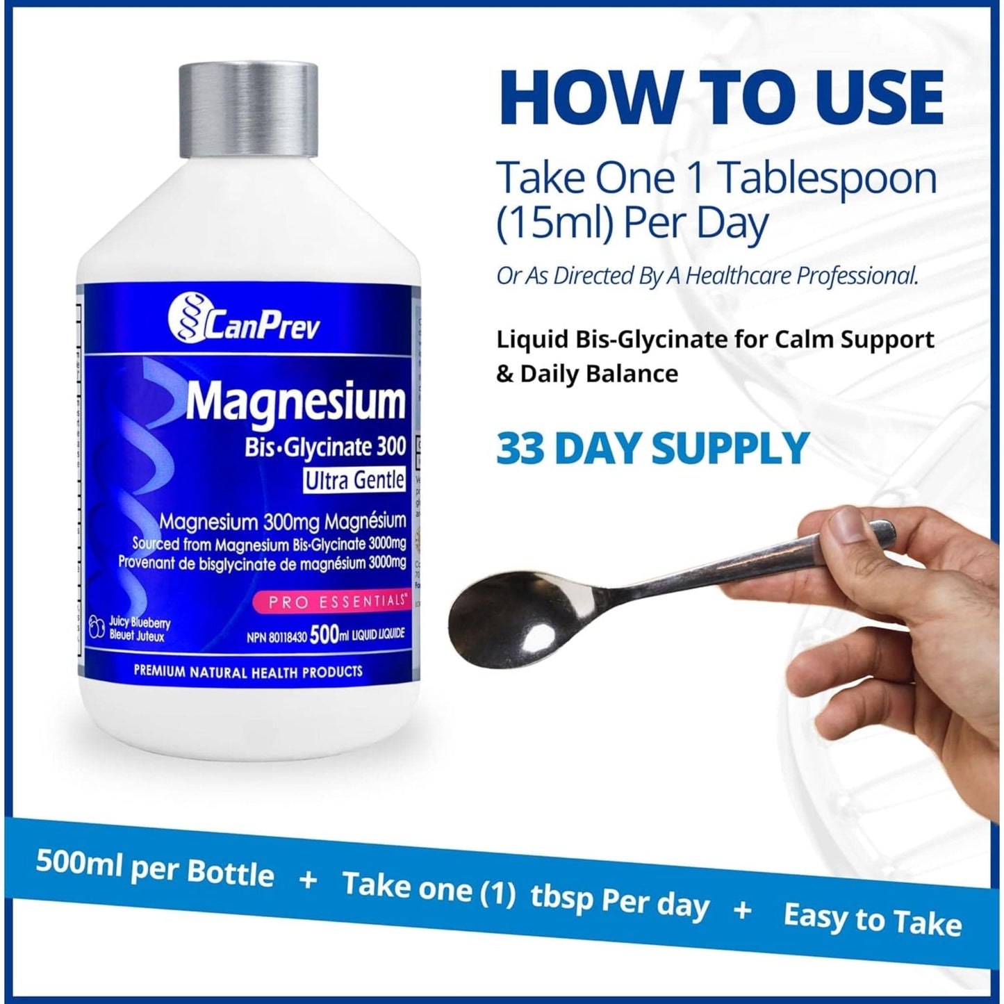 Juicy Blueberry, 500ml | CanPrev Magnesium Bis-Glycinate 300, Ultra Gentle Liquid