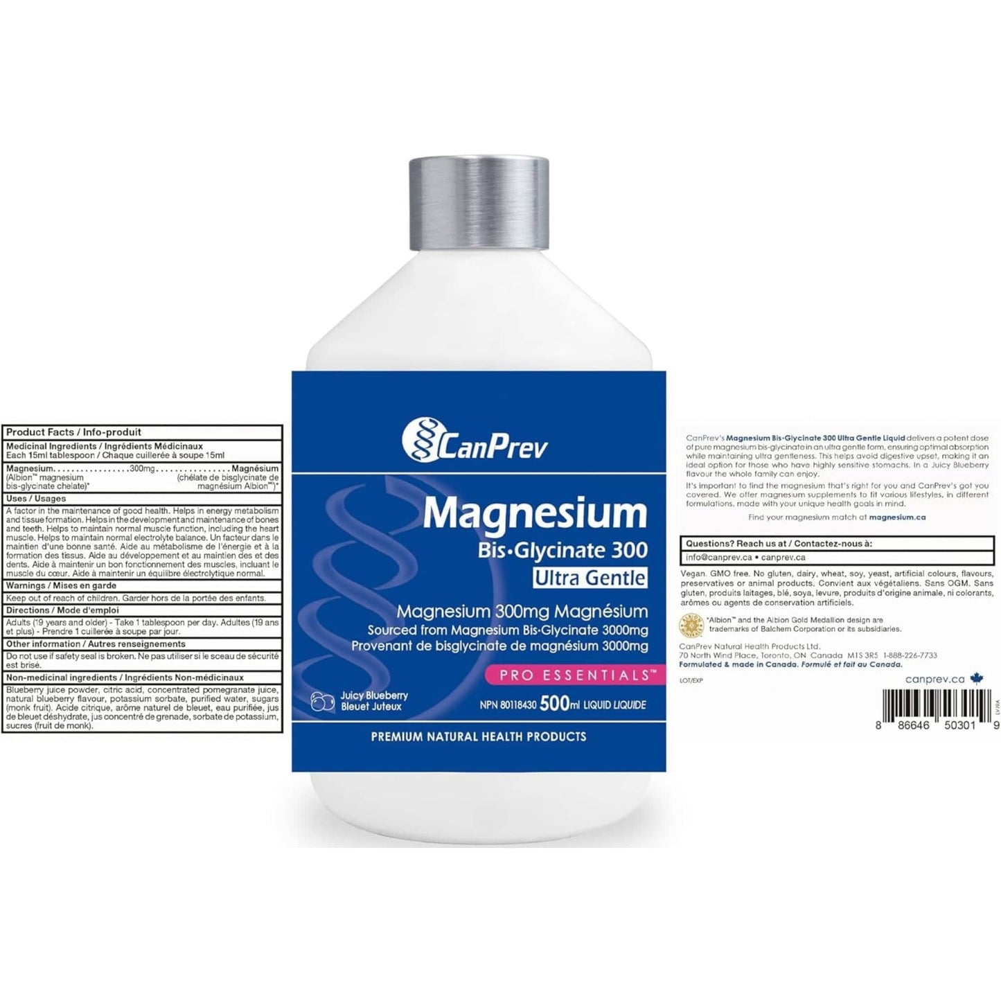 Juicy Blueberry, 500ml | CanPrev Magnesium Bis-Glycinate 300, Ultra Gentle Liquid