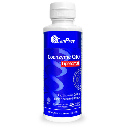 A bottle of CanPrev Coenzyme Q10 Liposomal 225ml // Citrus flavour