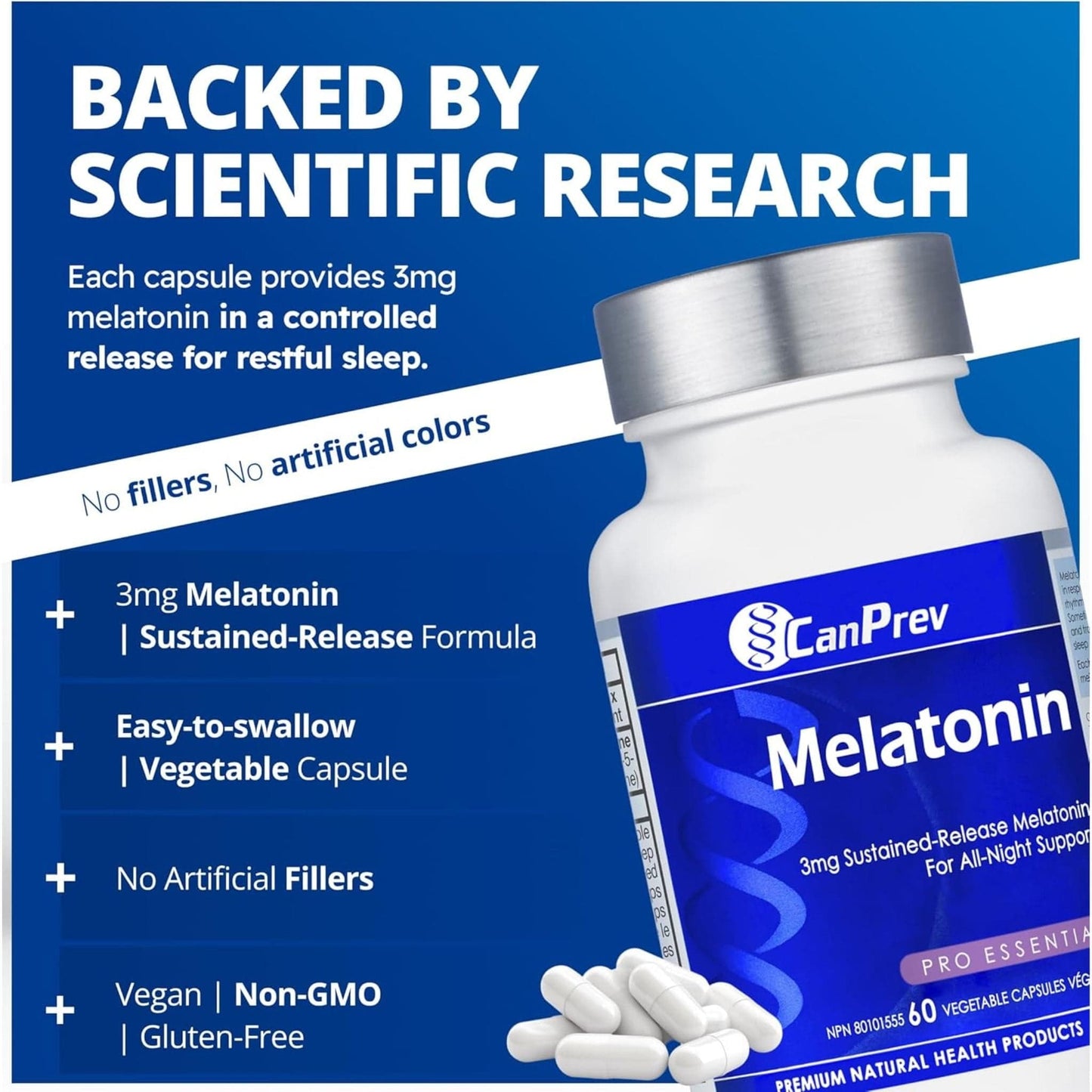 60 Vegetable Capsules | CanPrev Melatonin 3mg Sustained Release