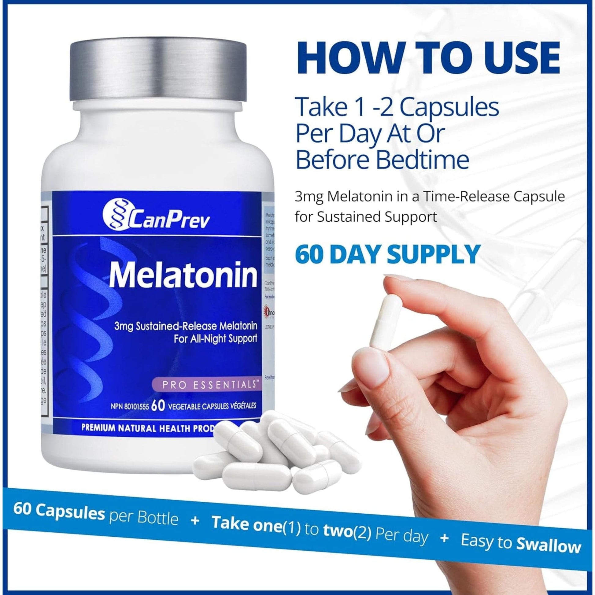 60 Vegetable Capsules | CanPrev Melatonin 3mg Sustained Release