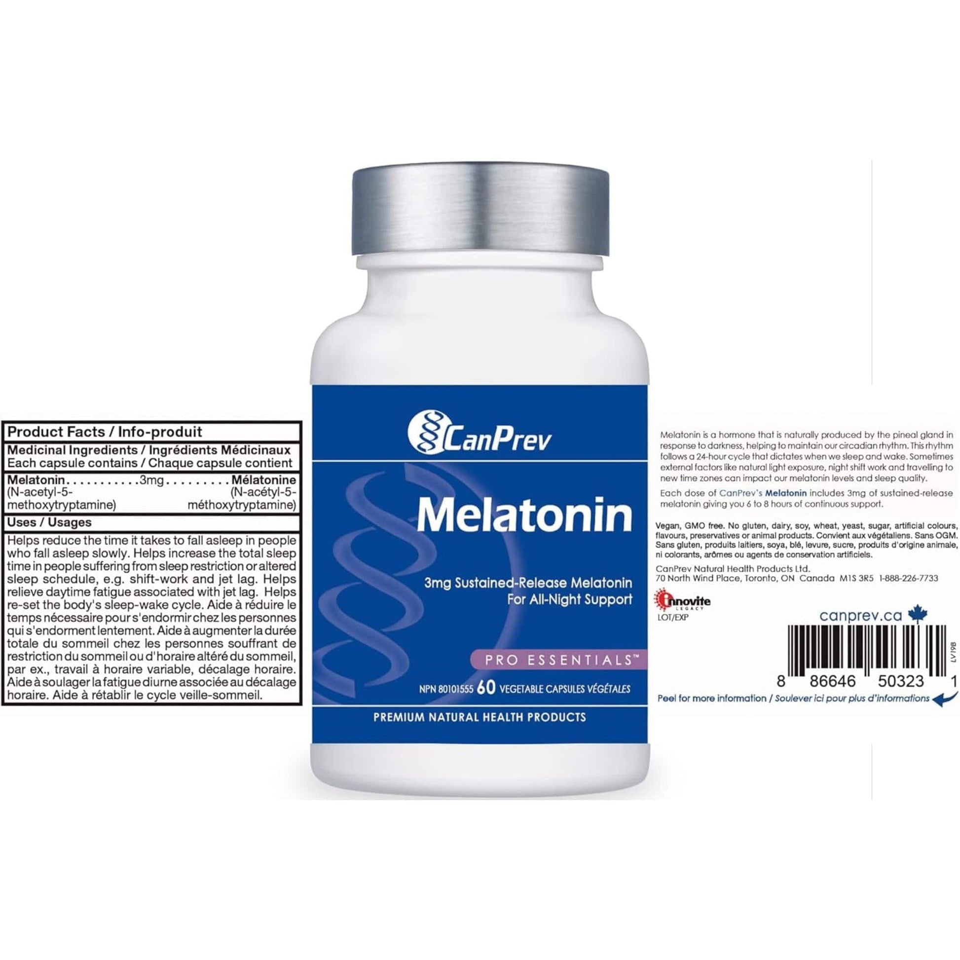 60 Vegetable Capsules | CanPrev Melatonin 3mg Sustained Release